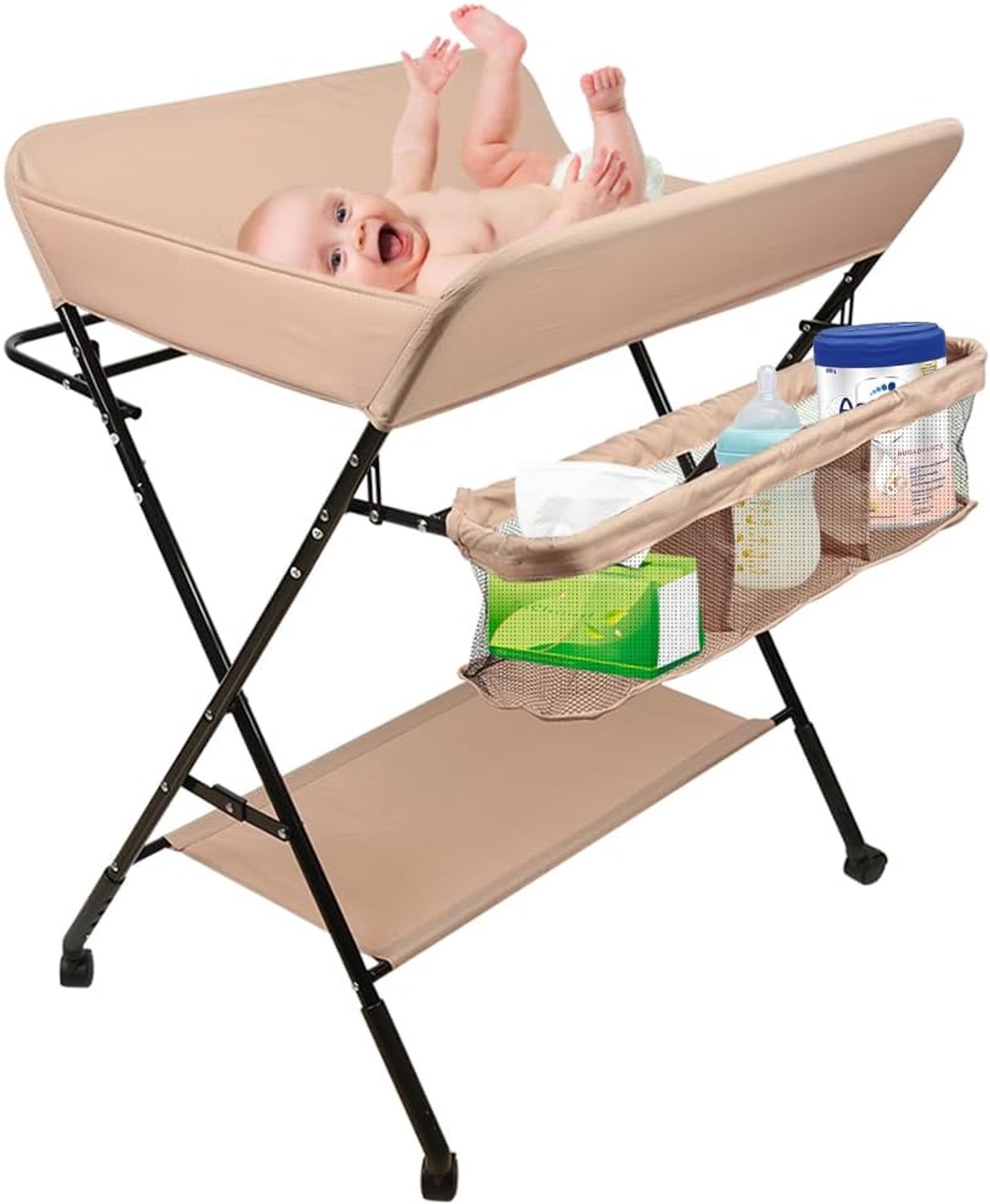 Inklapbare luiercommode, mobiele aankleedtafel met aankleedkussen, veiligheidsgordel en opbergvakken, ruimtebesparend en stabiel, 80 x 66 x 98 cm (lichtroze)