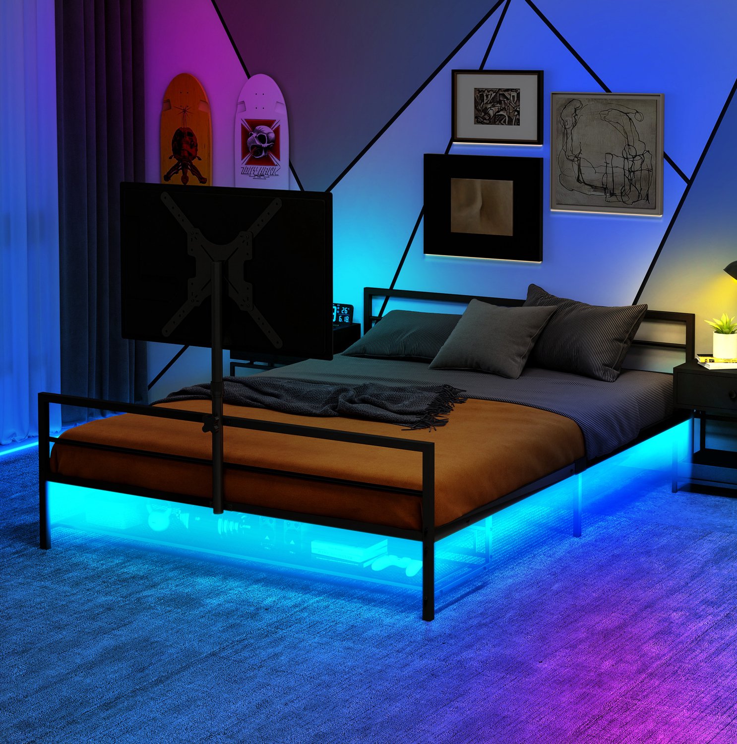 CHICFURN Metalen gamingbed 90x200 cm - LED-verlichting - monitorhouder - zwart