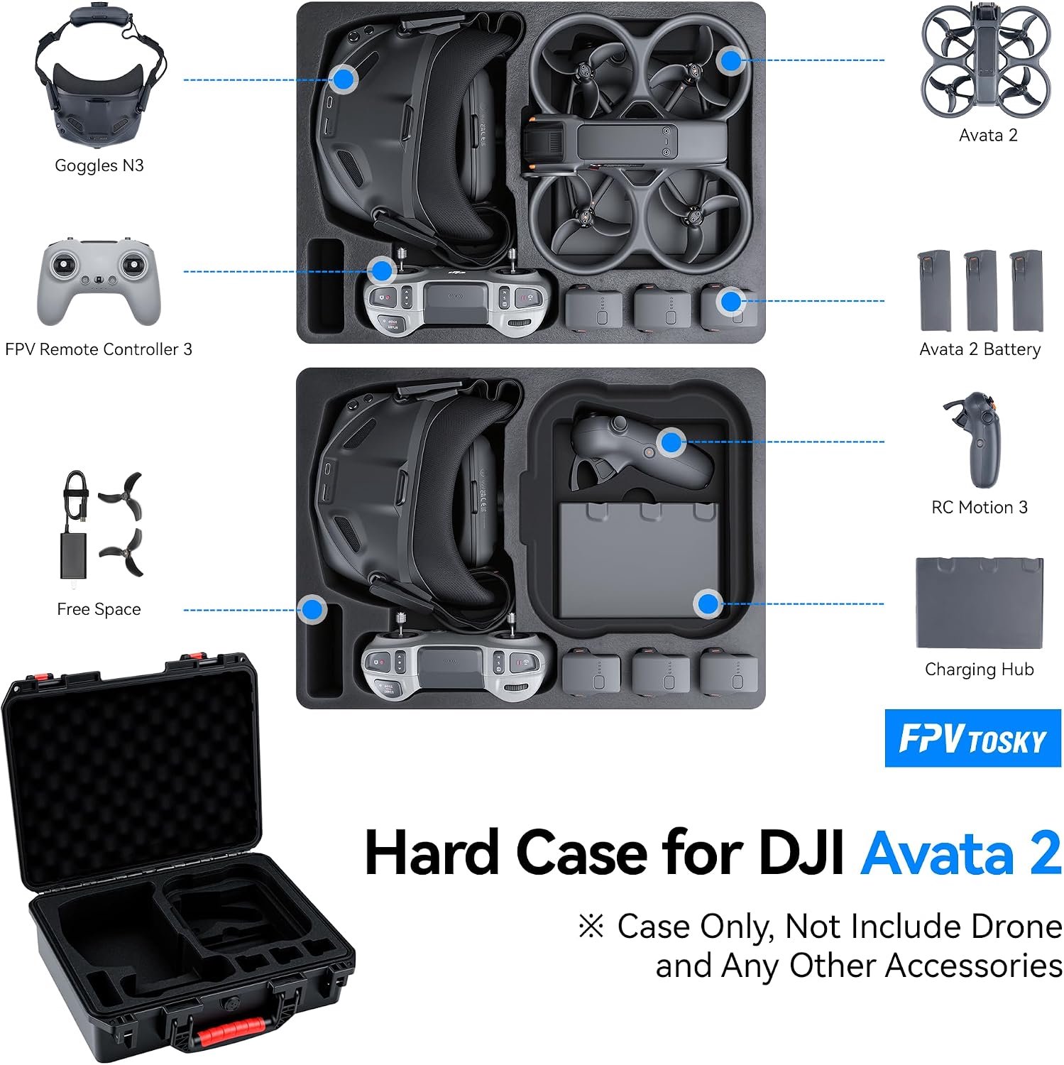 Harde koffer voor DJI Avata 2 Drone/Fly Smart Combo (voor DJI Goggles N3, ALLEEN CASE), waterdichte draagtas voor RC Motion 3, FPV Remote Controller 3 en batterijaccessoires – foto 5