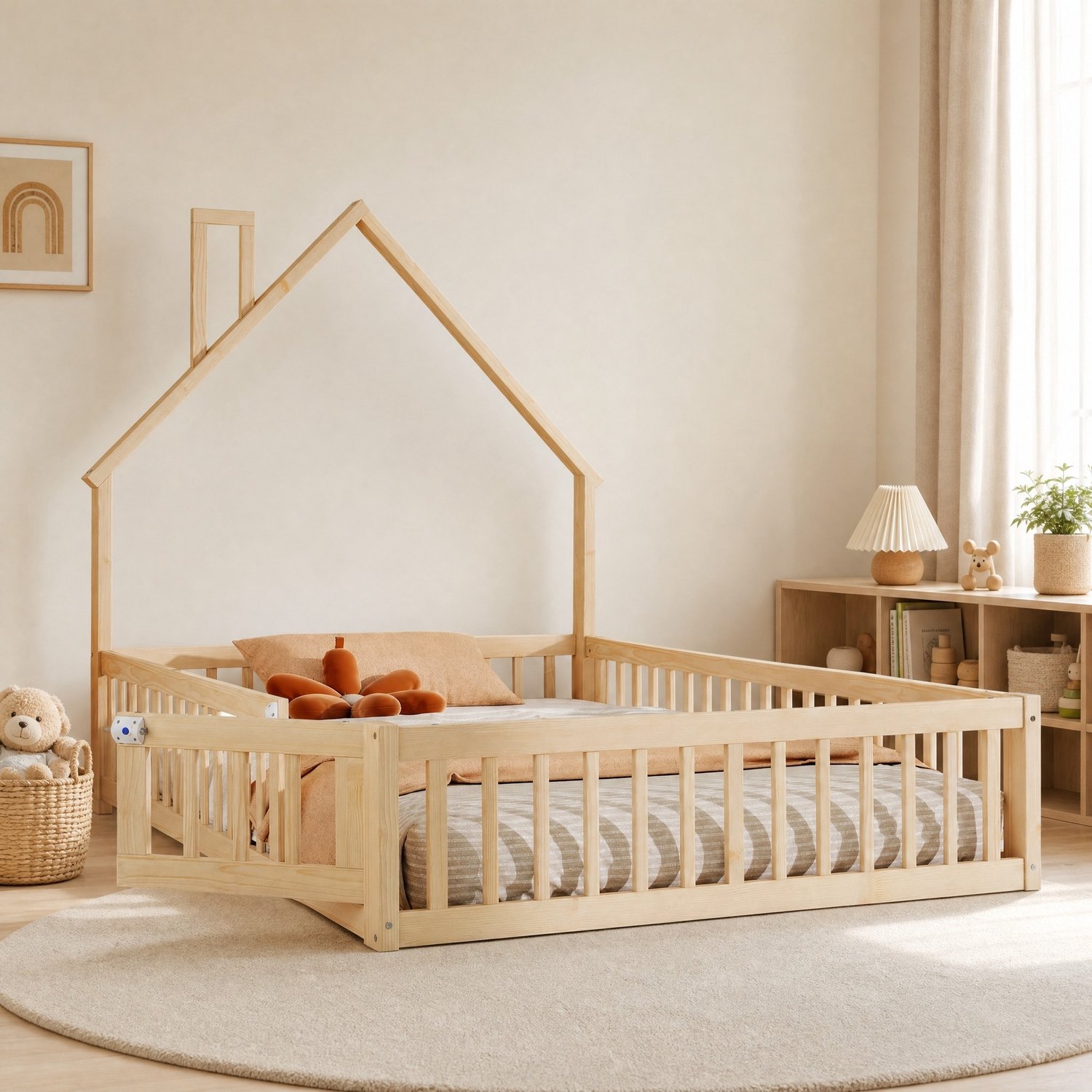 CHICFURN Kinderbed huisbed 140 x 190 cm - lattenbodem - veiligheidshek - naturel