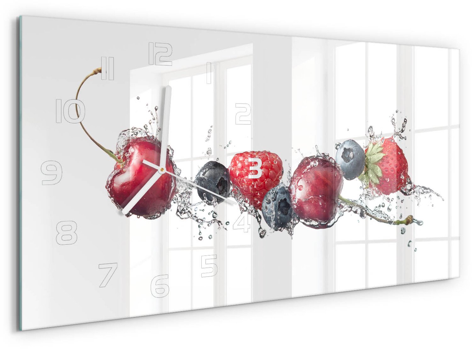 TULUP Wandklok - Bosvruchten Moderne Wandklok Glas - 60x30 cm - Rood Wandklok Glas Decoratie - Witte handen - Rechthoekige Klok - Glazen Wandklok Design - Klok Glas Met Opdruk