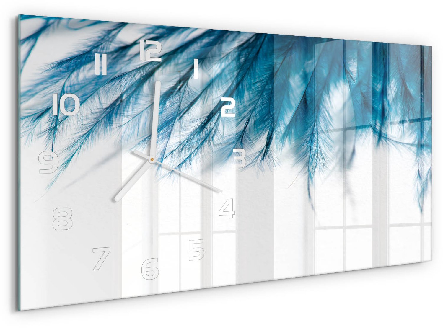 TULUP Wandklok - Blauwe veren Wandklok Glas Decoratie - 60x30 cm - Blauw Gekleurde Glazen Klok - Witte handen - Rechthoekige Klok - Klok Glas Met Opdruk - Moderne Wandklok Glas