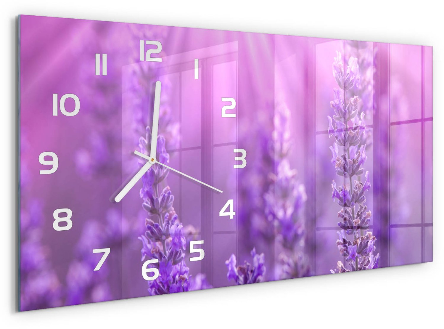 TULUP Wandklok - Lavendel Glazen Klok Met Print - 60x30 cm - Paars Wandklok Glas Met Motief - Witte handen - Rechthoekige Klok - Wandklok Glas Decoratie - Gekleurde Glazen Klok