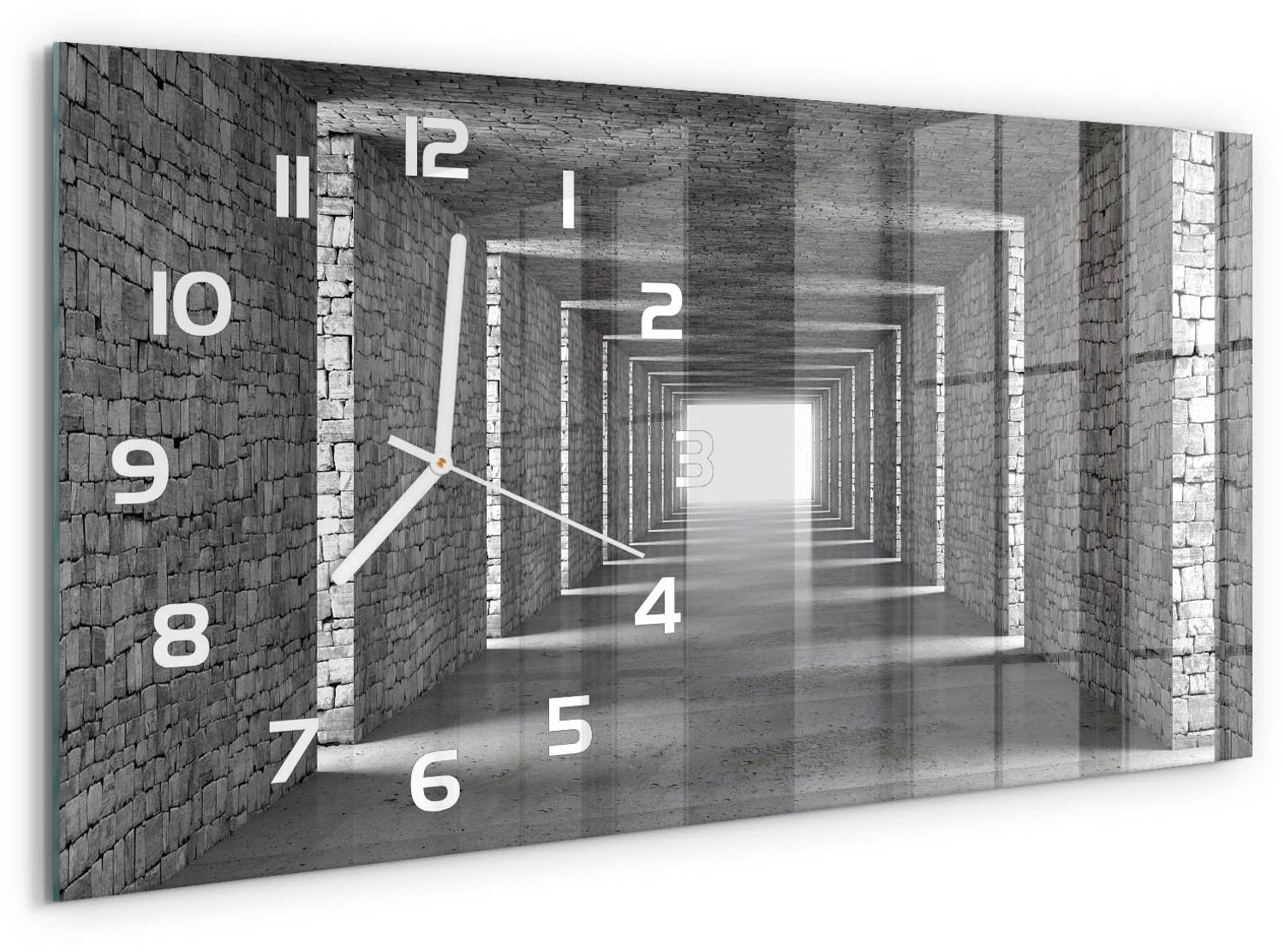 TULUP Wandklok - Bakstenen tunnel Gekleurde Glazen Klok - 60x30 cm - Grijs Glazen Klok Met Print - Witte handen - Rechthoekige Klok - Moderne Wandklok Glas - Wandklok Glas Decoratie