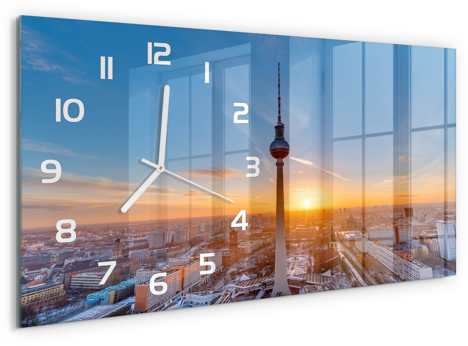 TULUP Wandklok - TV-toren Glazen Klok Met Print - 60x30 cm - Veelkleurig Wandklok Glas Met Motief - Witte handen - Rechthoekige Klok - Wandklok Glas Decoratie - Gekleurde Glazen Klok