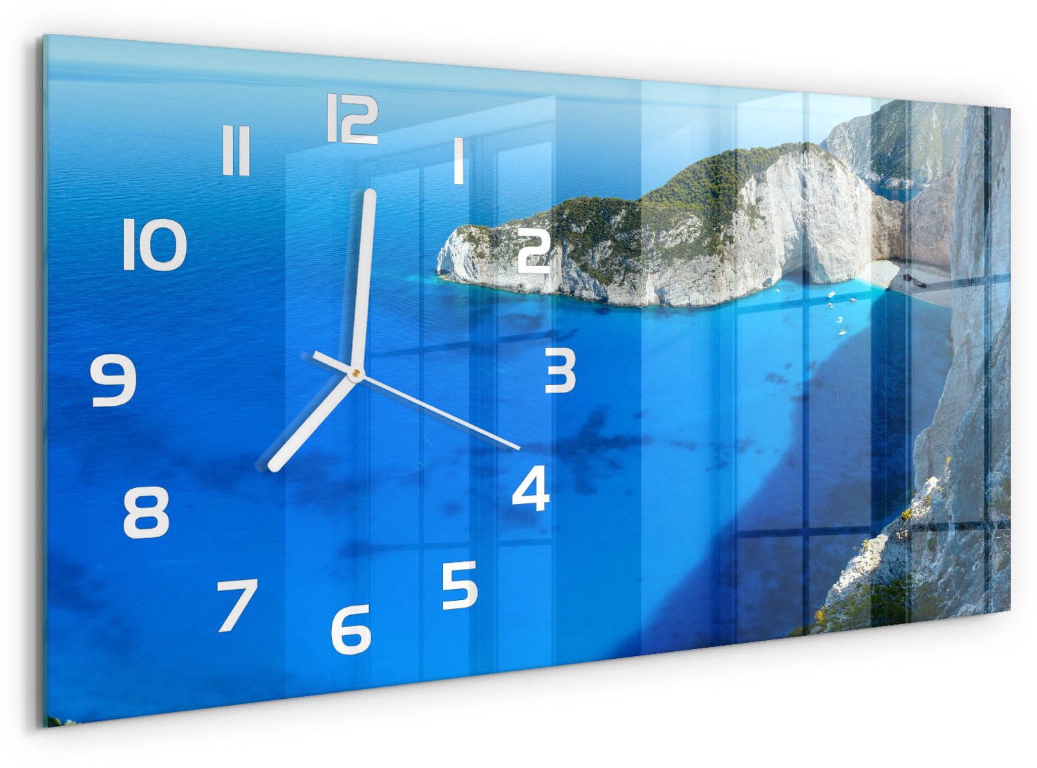 TULUP Wandklok - Zakynthos, Griekenland Wandklok Glas Decoratie - 60x30 cm - Blauw Gekleurde Glazen Klok - Witte handen - Rechthoekige Klok - Klok Glas Met Opdruk - Moderne Wandklok Glas