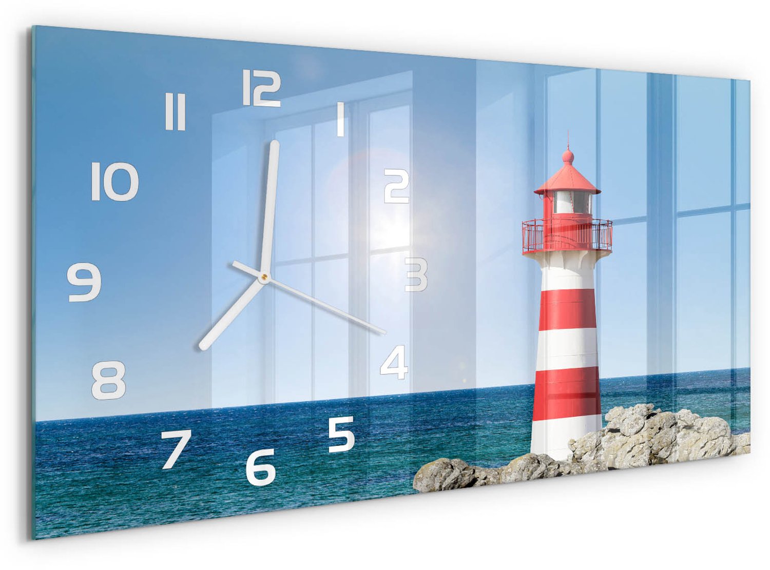TULUP Wandklok - Vuurtoren Wandklok Glas Met Motief - 60x30 cm - Rood Decoratieve Glazen Klok - Witte handen - Rechthoekige Klok - Gekleurde Glazen Klok - Glazen Klok Met Print