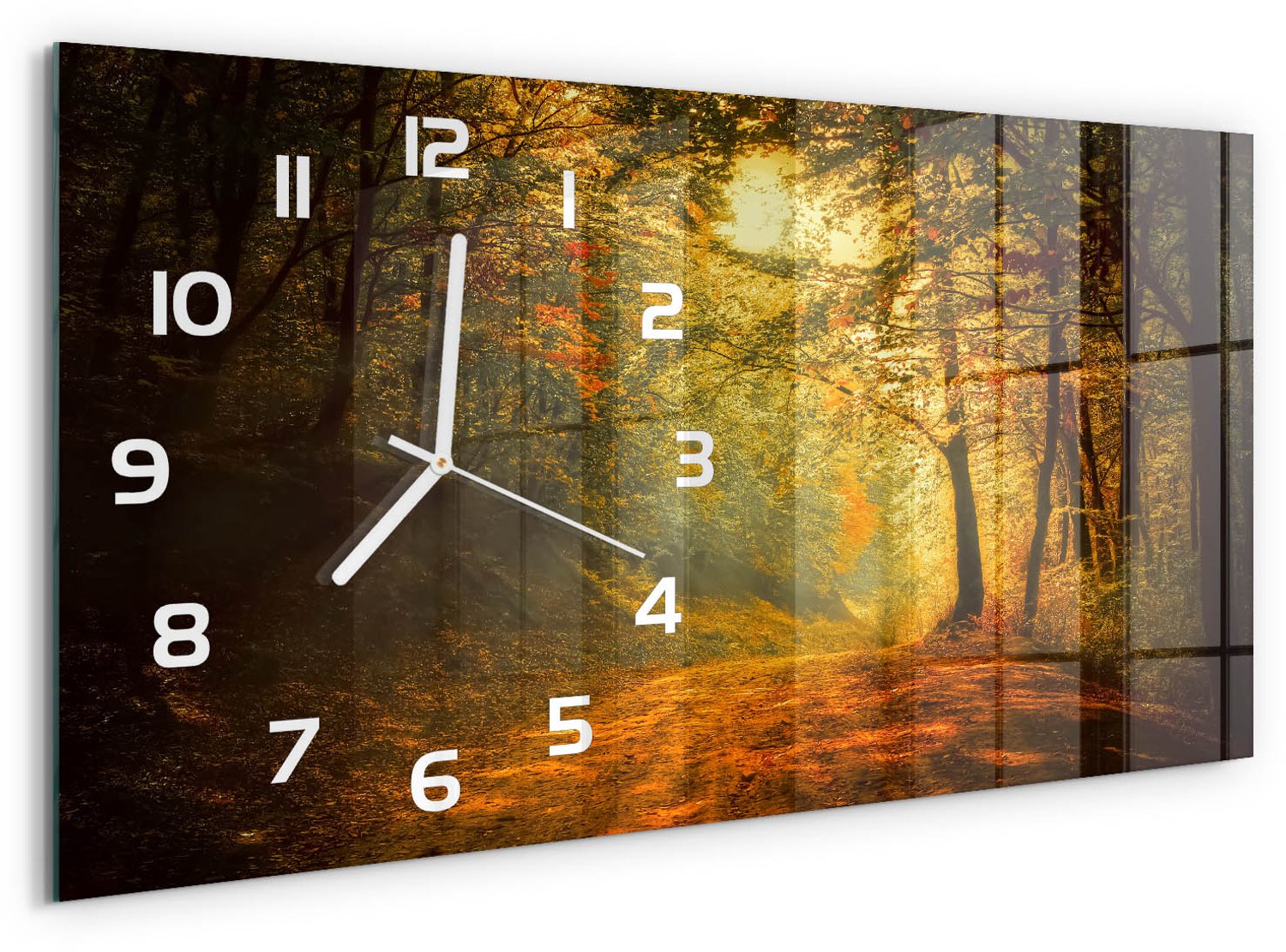 TULUP Wandklok - Herfstbos Decoratieve Glazen Klok - 60x30 cm - Oranje Glazen Wandklok Design - Witte handen - Rechthoekige Klok - Glazen Klok Met Print - Wandklok Glas Met Motief