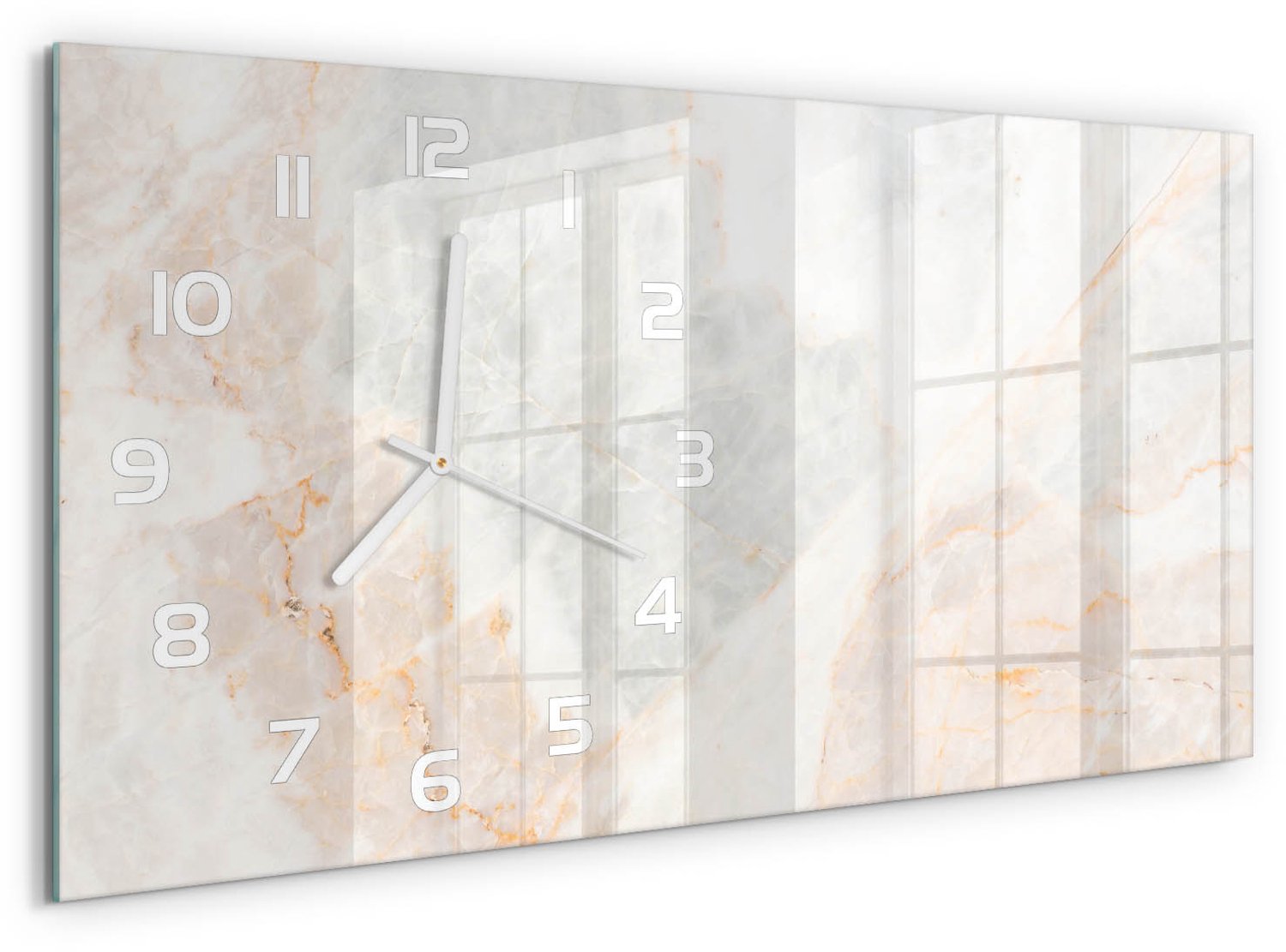 TULUP Wandklok - Marmer Wandklok Glas Met Motief - 60x30 cm - Beige Decoratieve Glazen Klok - Witte handen - Rechthoekige Klok - Gekleurde Glazen Klok - Glazen Klok Met Print