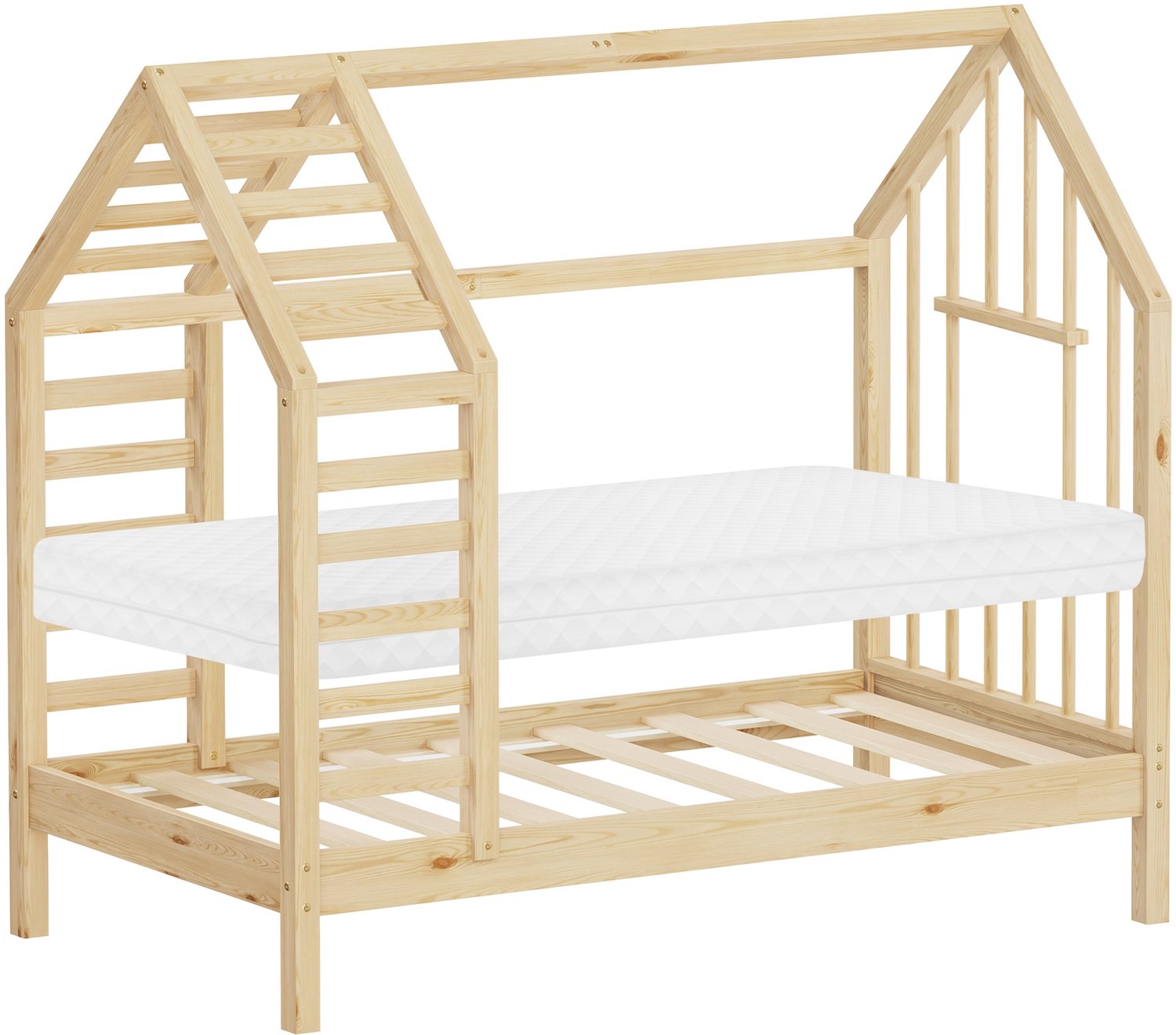 ml-design Kinderbed 70 x 140 cm met matras , huisbed met dak en raam, robuust bedframe van massief grenenhout, montessoribed voor meisjes en jongens belastbaar tot 80 kg, houten peuterbed met een eenvoudige montage voor de slaapkamer, naturel Natuur