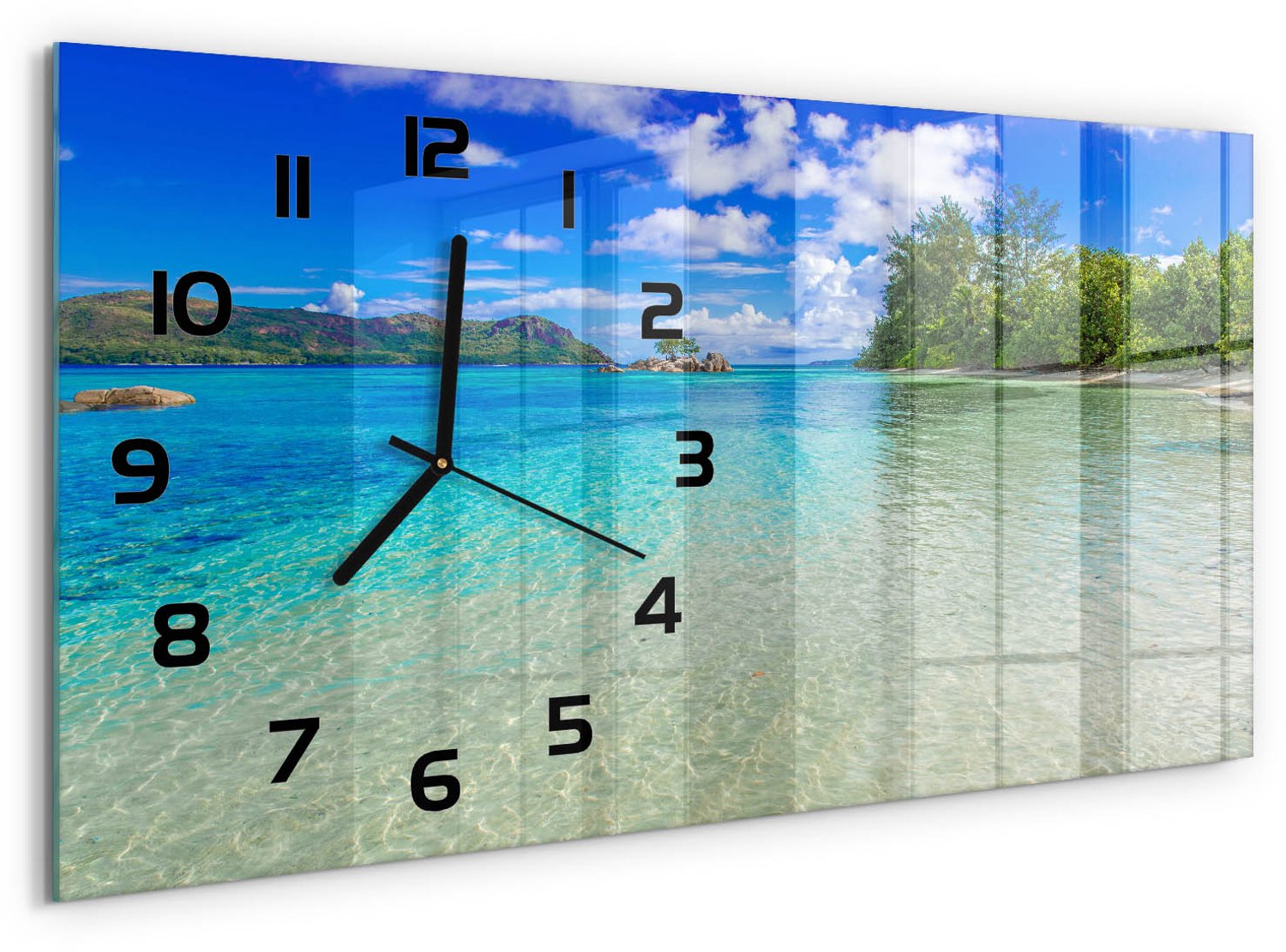 TULUP Wandklok - strand op de Seychellen Wandklok Glas Met Motief - 60x30 cm - Blauw Decoratieve Glazen Klok - Zwarte handen - Rechthoekige Klok - Gekleurde Glazen Klok - Glazen Klok Met Print