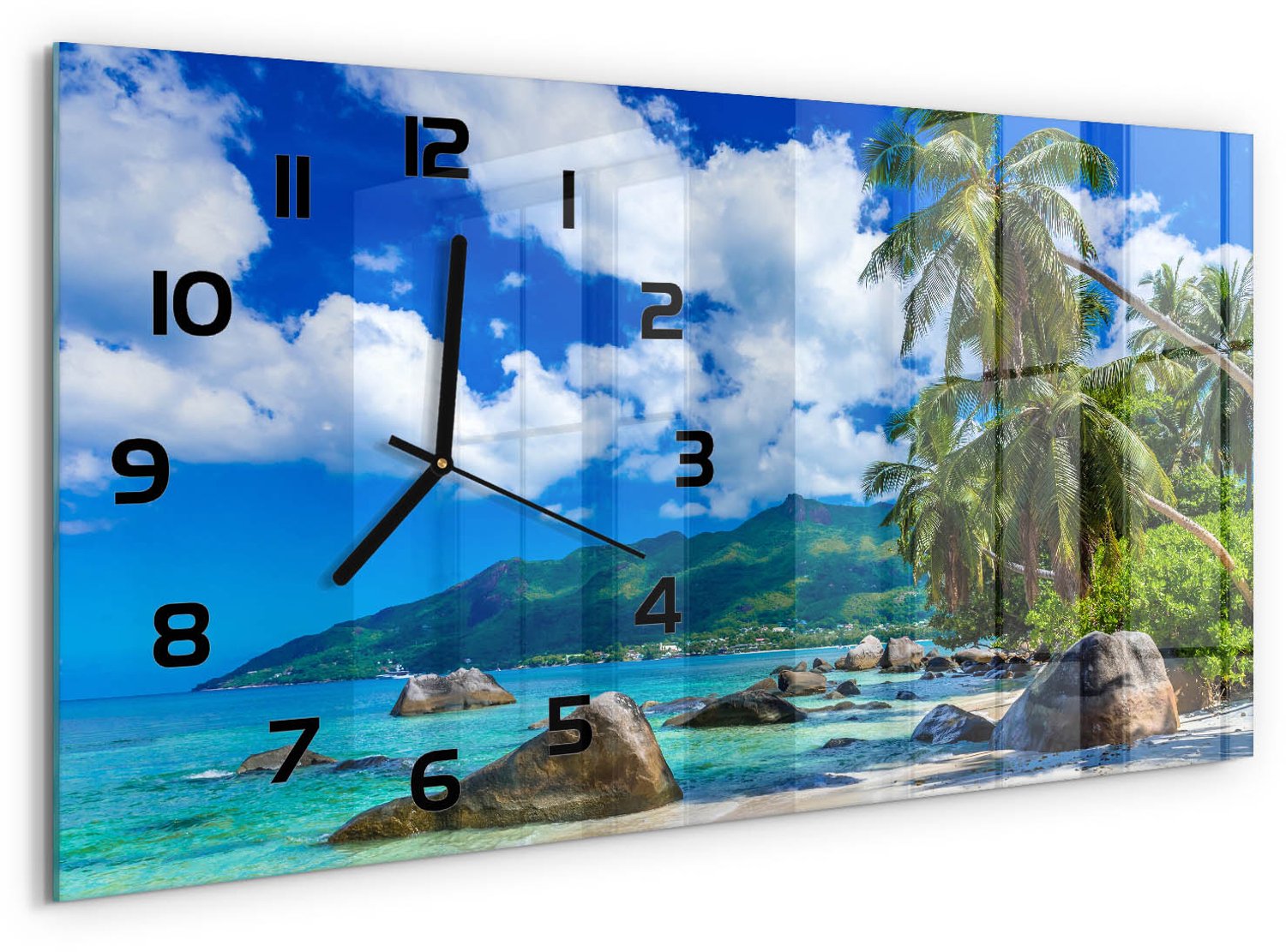 TULUP Wandklok - strand op de Seychellen Glazen Klok Met Print - 60x30 cm - Veelkleurig Wandklok Glas Met Motief - Zwarte handen - Rechthoekige Klok - Wandklok Glas Decoratie - Gekleurde Glazen Klok
