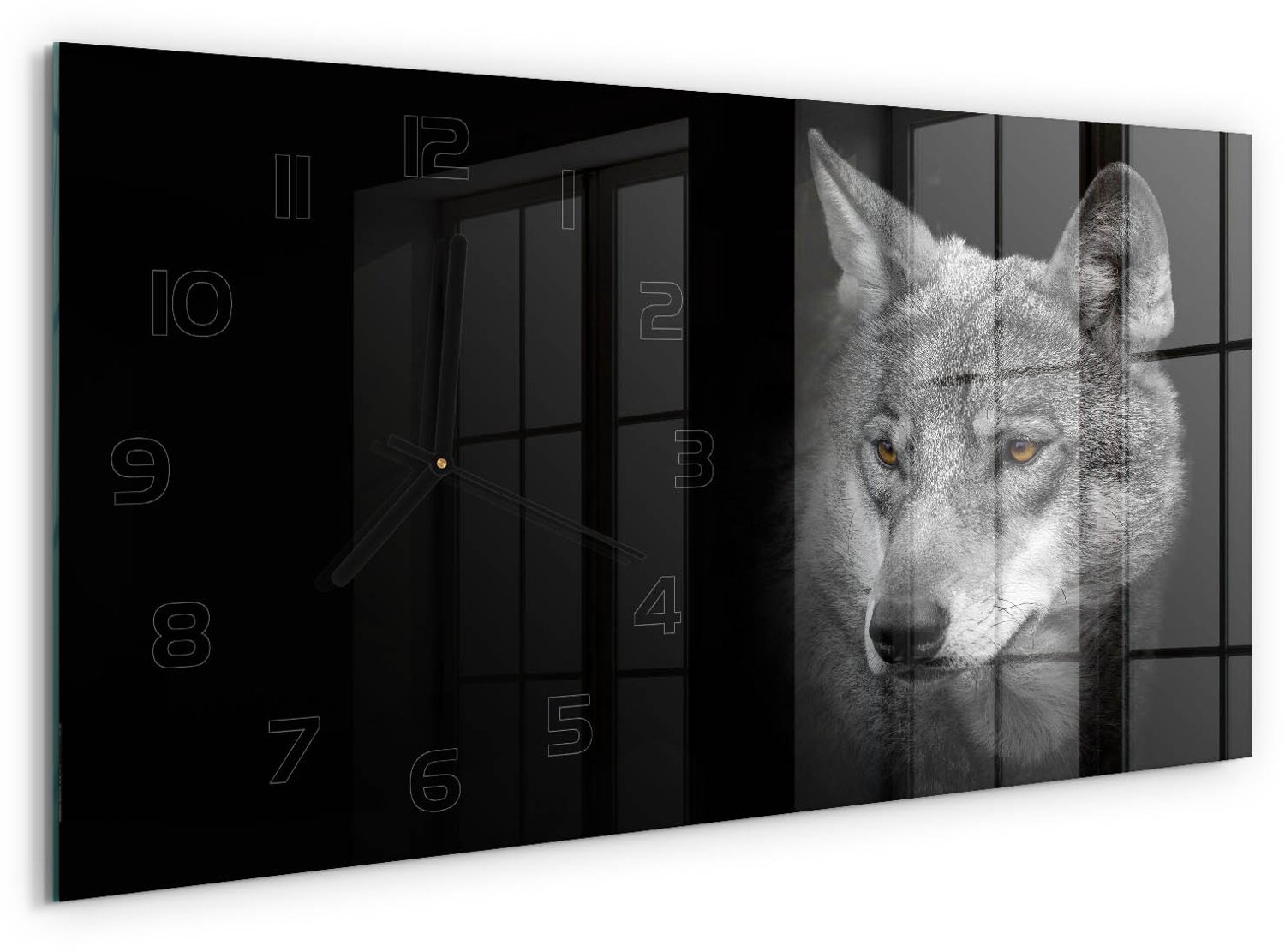 TULUP Wandklok - Wolf Moderne Wandklok Glas - 60x30 cm - Grijs Wandklok Glas Decoratie - Zwarte handen - Rechthoekige Klok - Glazen Wandklok Design - Klok Glas Met Opdruk
