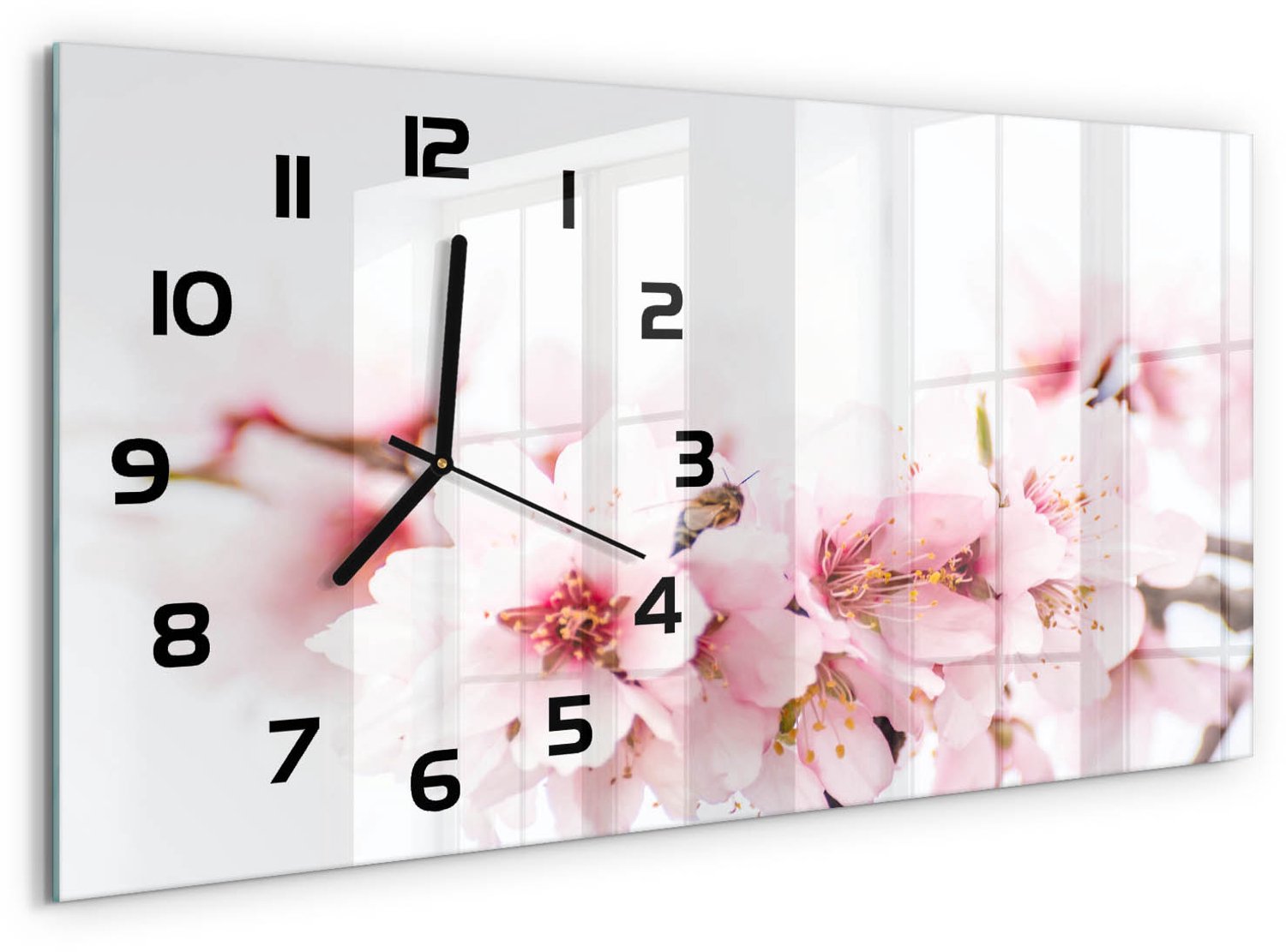 TULUP Wandklok - Kersenbloesem Glazen Wandklok Design - 60x30 cm - Roze Klok Glas Met Opdruk - Zwarte handen - Rechthoekige Klok - Wandklok Glas Met Motief - Decoratieve Glazen Klok