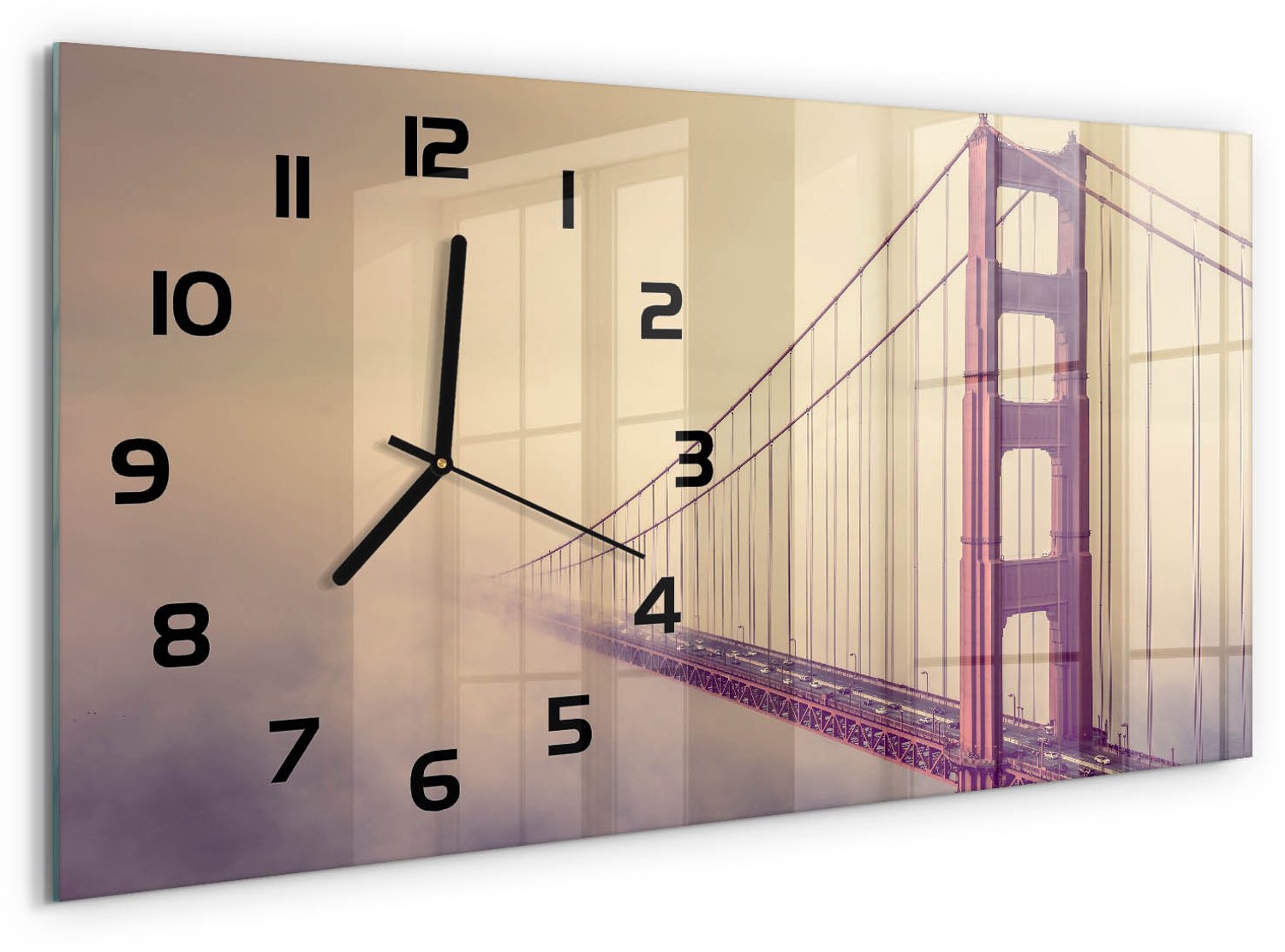 TULUP Wandklok - San Francisco-brug Wandklok Glas Decoratie - 60x30 cm - Rood Gekleurde Glazen Klok - Zwarte handen - Rechthoekige Klok - Klok Glas Met Opdruk - Moderne Wandklok Glas