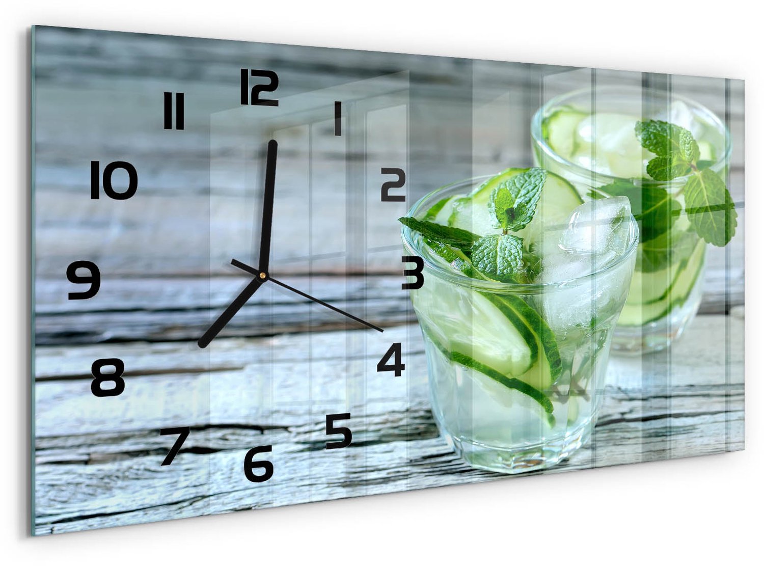 TULUP Wandklok - Komkommerwater Glazen Wandklok Design - 60x30 cm - Groente Klok Glas Met Opdruk - Zwarte handen - Rechthoekige Klok - Wandklok Glas Met Motief - Decoratieve Glazen Klok