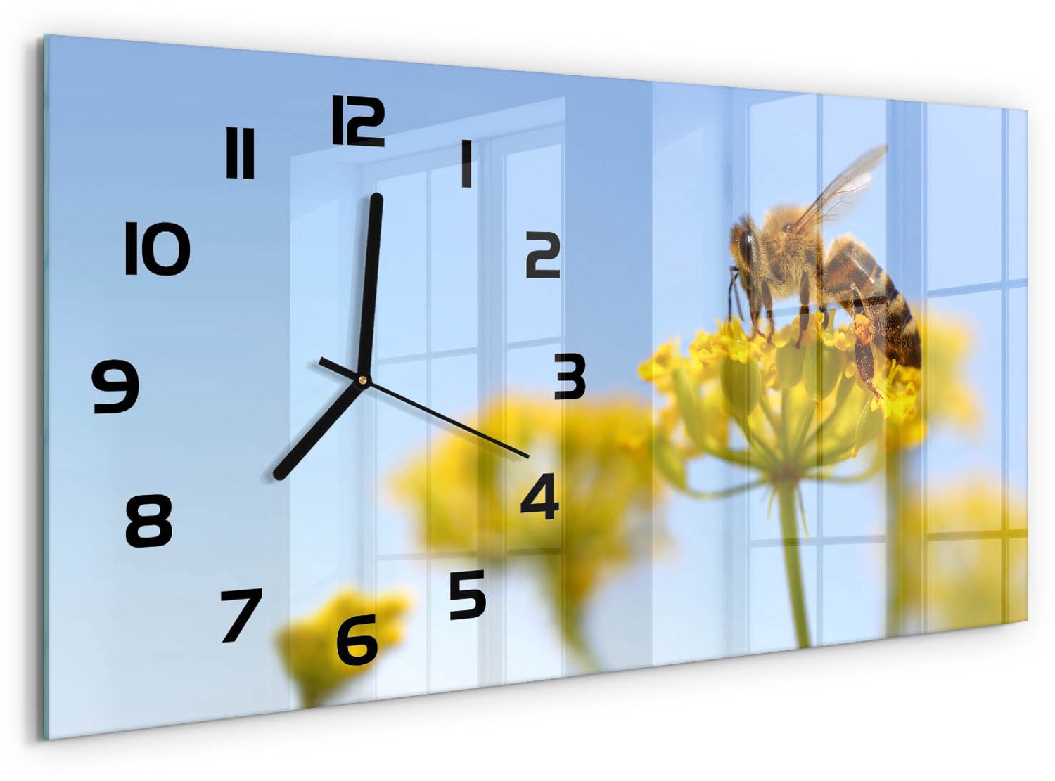 TULUP Wandklok - Bij op een bloem Moderne Wandklok Glas - 60x30 cm - Geel Wandklok Glas Decoratie - Zwarte handen - Rechthoekige Klok - Glazen Wandklok Design - Klok Glas Met Opdruk