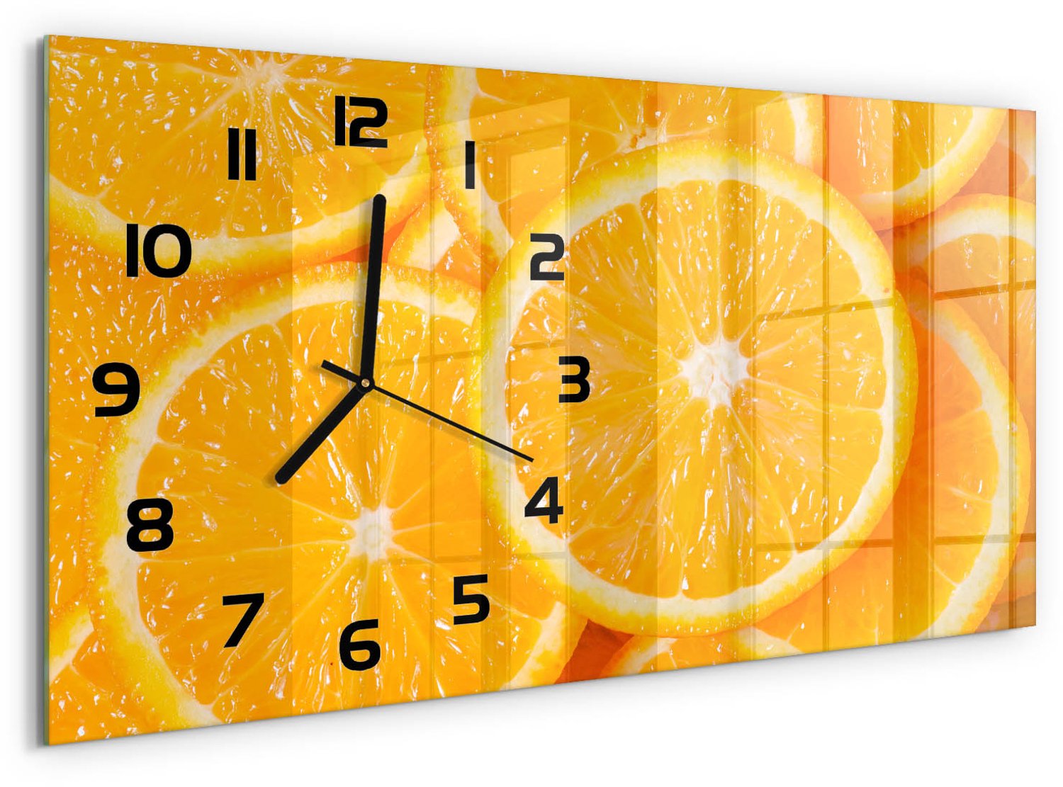 TULUP Wandklok - Sinaasappelschijfjes Wandklok Glas Met Motief - 60x30 cm - Oranje Decoratieve Glazen Klok - Zwarte handen - Rechthoekige Klok - Gekleurde Glazen Klok - Glazen Klok Met Print
