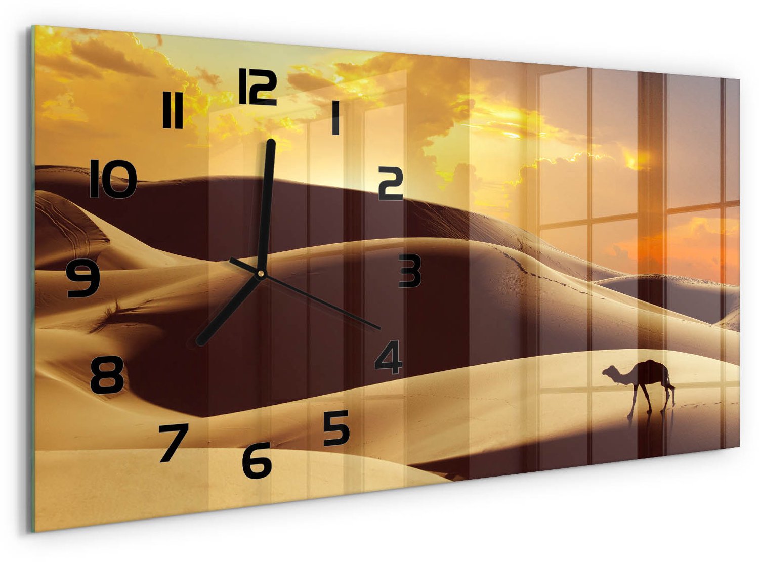 TULUP Wandklok - Sahara-kameel Klok Glas Met Opdruk - 60x30 cm - Oranje Moderne Wandklok Glas - Zwarte handen - Rechthoekige Klok - Decoratieve Glazen Klok - Glazen Wandklok Design