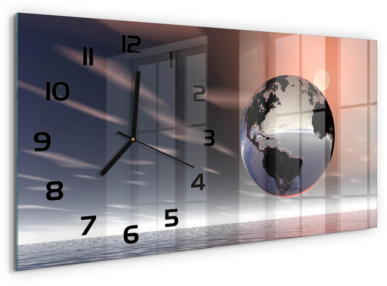 TULUP Wandklok - Planeet Aarde Gekleurde Glazen Klok - 60x30 cm - Oranje Glazen Klok Met Print - Zwarte handen - Rechthoekige Klok - Moderne Wandklok Glas - Wandklok Glas Decoratie