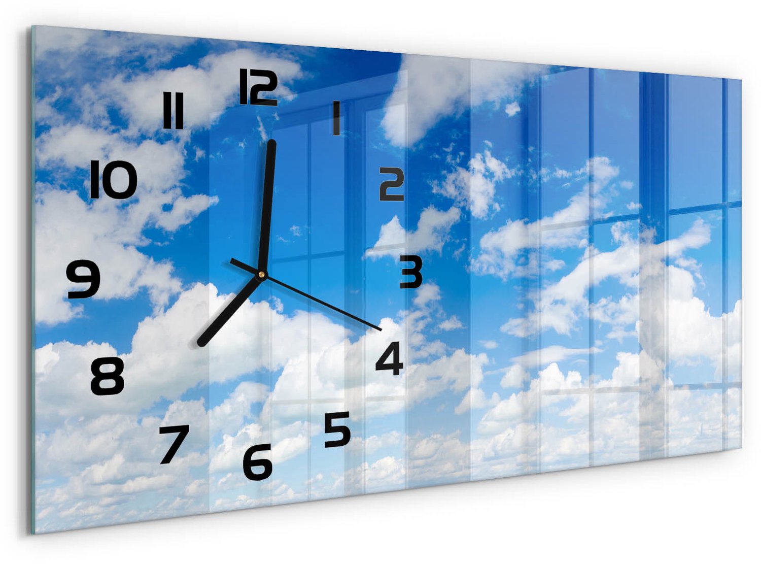 TULUP Wandklok - Wolken aan de hemel Gekleurde Glazen Klok - 60x30 cm - Blauw Glazen Klok Met Print - Zwarte handen - Rechthoekige Klok - Moderne Wandklok Glas - Wandklok Glas Decoratie