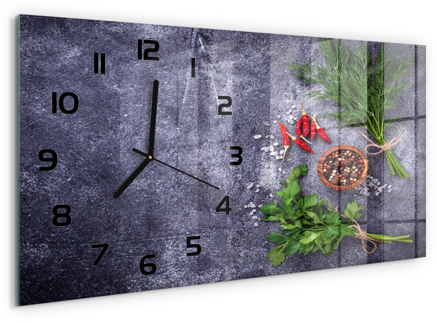 TULUP Wandklok - Kruiden en specerijen Glazen Wandklok Design - 60x30 cm - Groente Klok Glas Met Opdruk - Zwarte handen - Rechthoekige Klok - Wandklok Glas Met Motief - Decoratieve Glazen Klok