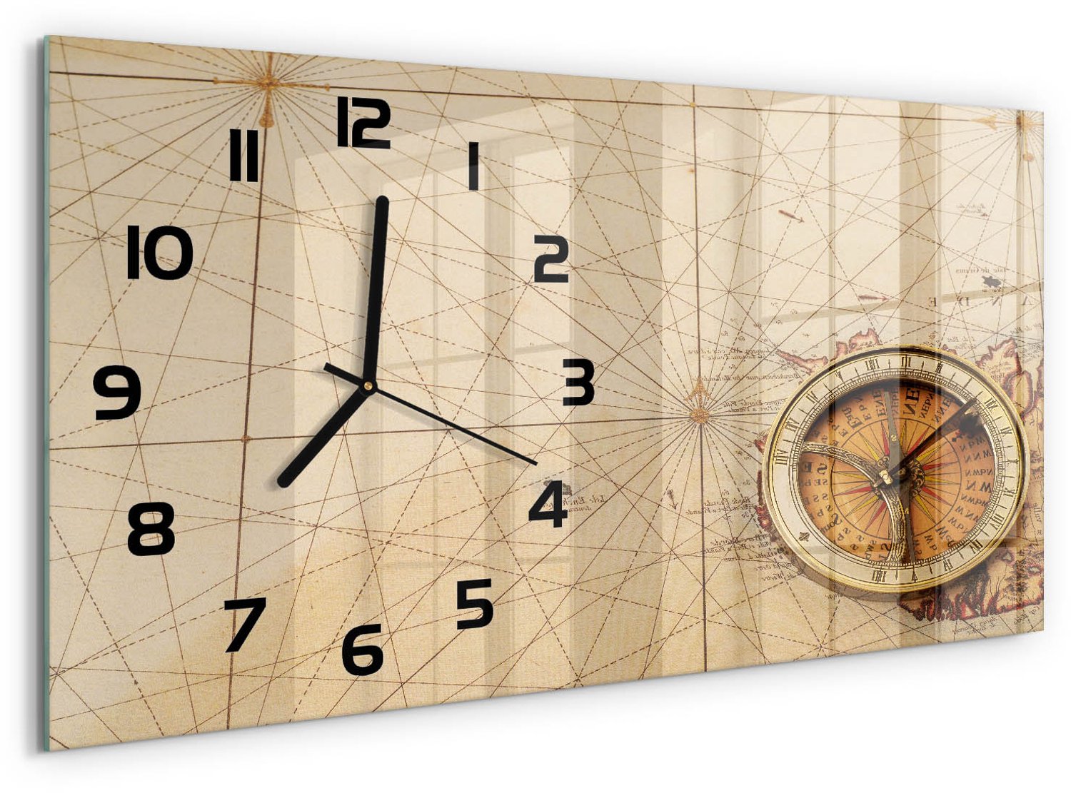TULUP Wandklok - Kompas op de kaart Gekleurde Glazen Klok - 60x30 cm - Beige Glazen Klok Met Print - Zwarte handen - Rechthoekige Klok - Moderne Wandklok Glas - Wandklok Glas Decoratie