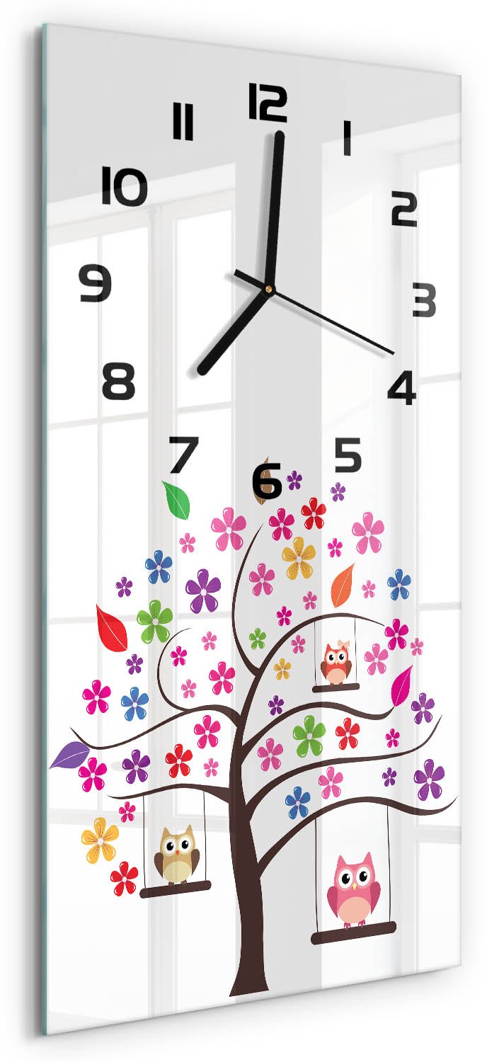 Tulup Wandklok - Uilen op schommels Wandklok Glas Decoratie - 30x60 cm - Veelkleurig Gekleurde Glazen Klok - Zwarte handen - Rechthoekige Klok - Klok Glas Met Opdruk - Moderne Wandklok Glas