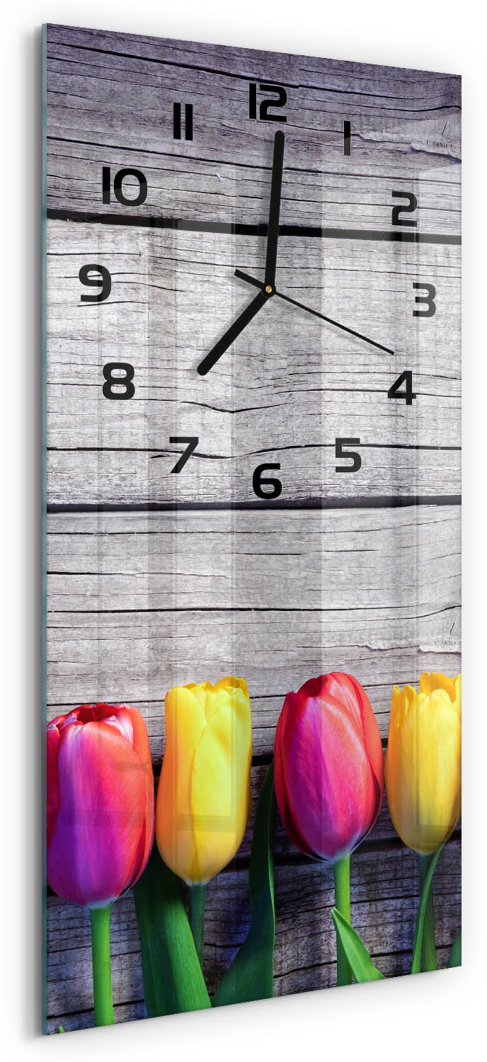 Tulup Wandklok - Tulpen op hout Wandklok Glas Met Motief - 30x60 cm - Veelkleurig Decoratieve Glazen Klok - Zwarte handen - Rechthoekige Klok - Gekleurde Glazen Klok - Glazen Klok Met Print