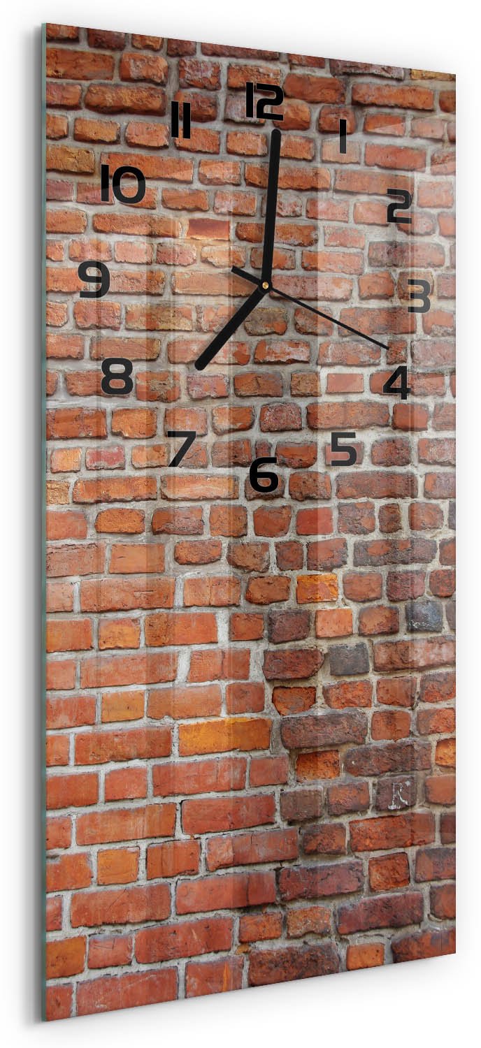 Tulup Wandklok - Bakstenen muur Gekleurde Glazen Klok - 30x60 cm - Oranje Glazen Klok Met Print - Zwarte handen - Rechthoekige Klok - Moderne Wandklok Glas - Wandklok Glas Decoratie