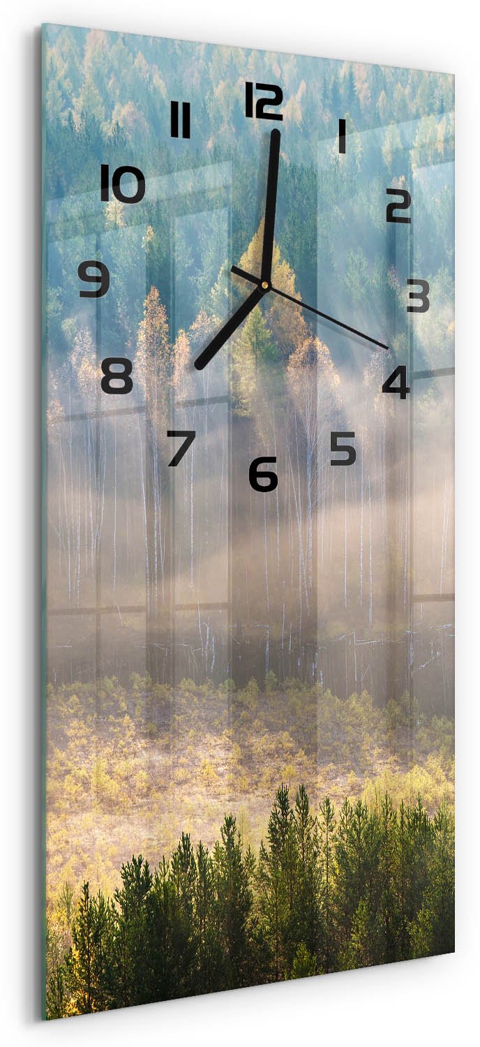 Tulup Wandklok - Mist in het bos Glazen Wandklok Design - 30x60 cm - Groente Klok Glas Met Opdruk - Zwarte handen - Rechthoekige Klok - Wandklok Glas Met Motief - Decoratieve Glazen Klok
