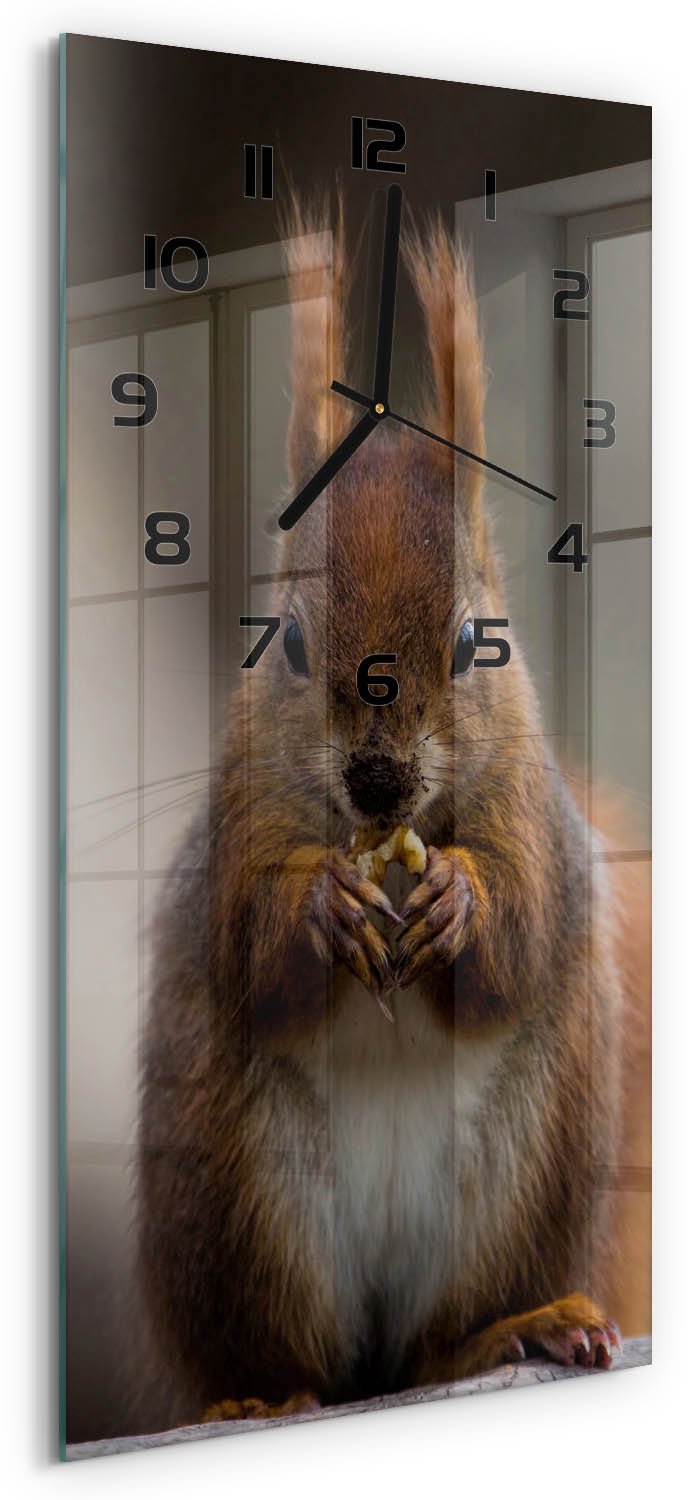 Tulup Wandklok - Eekhoorn Glazen Klok Met Print - 30x60 cm - Bruin Wandklok Glas Met Motief - Zwarte handen - Rechthoekige Klok - Wandklok Glas Decoratie - Gekleurde Glazen Klok