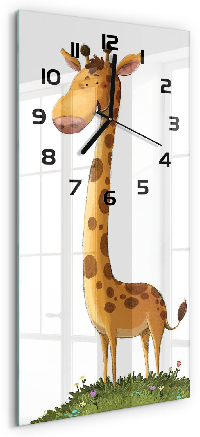 Tulup Wandklok - Giraffe Decoratieve Glazen Klok - 30x60 cm - Oranje Glazen Wandklok Design - Zwarte handen - Rechthoekige Klok - Glazen Klok Met Print - Wandklok Glas Met Motief