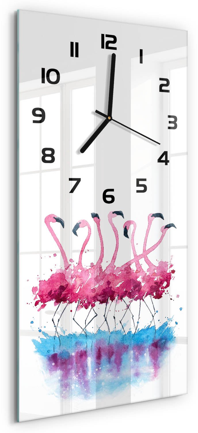 Tulup Wandklok - Flamingo's Glazen Klok Met Print - 30x60 cm - Roze Wandklok Glas Met Motief - Zwarte handen - Rechthoekige Klok - Wandklok Glas Decoratie - Gekleurde Glazen Klok