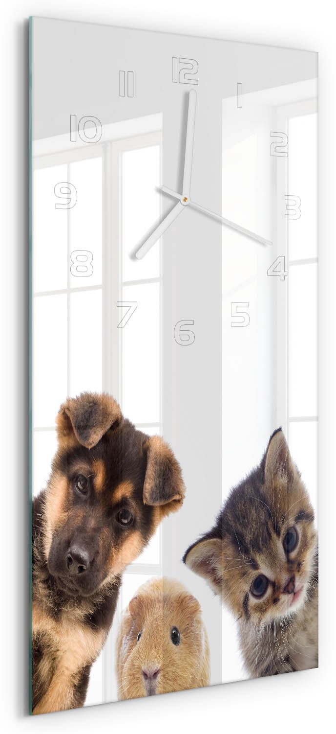 Tulup Wandklok - Huisdieren Wandklok Glas Decoratie - 30x60 cm - Bruin Gekleurde Glazen Klok - Witte handen - Rechthoekige Klok - Klok Glas Met Opdruk - Moderne Wandklok Glas