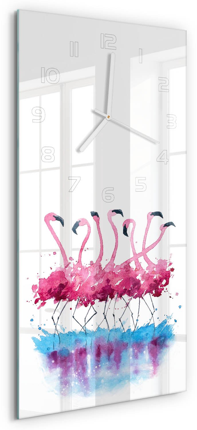 Tulup Wandklok - Flamingo's Wandklok Glas Met Motief - 30x60 cm - Roze Decoratieve Glazen Klok - Witte handen - Rechthoekige Klok - Gekleurde Glazen Klok - Glazen Klok Met Print