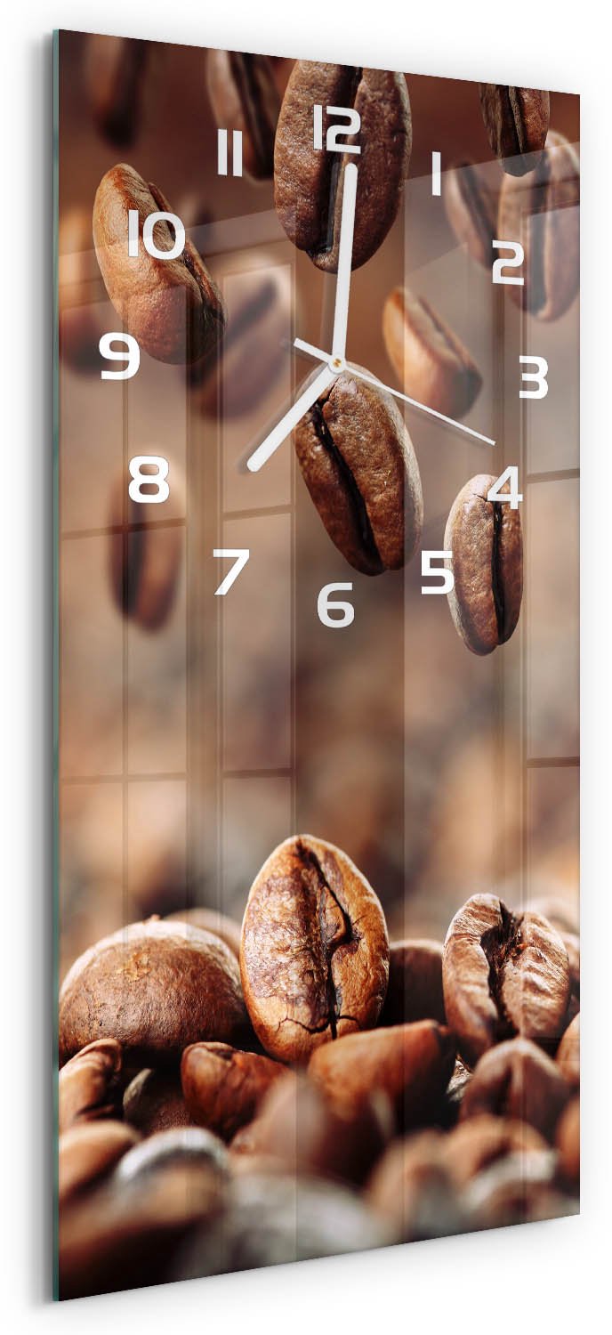 Tulup Wandklok - Koffiebonen Gekleurde Glazen Klok - 30x60 cm - Bruin Glazen Klok Met Print - Witte handen - Rechthoekige Klok - Moderne Wandklok Glas - Wandklok Glas Decoratie