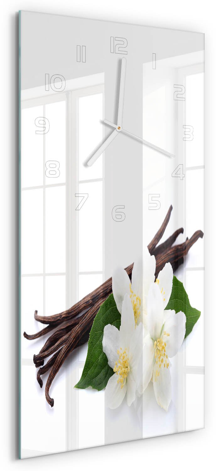 Tulup Wandklok - Jasmijn en vanille Glazen Klok Met Print - 30x60 cm - Bruin Wandklok Glas Met Motief - Witte handen - Rechthoekige Klok - Wandklok Glas Decoratie - Gekleurde Glazen Klok