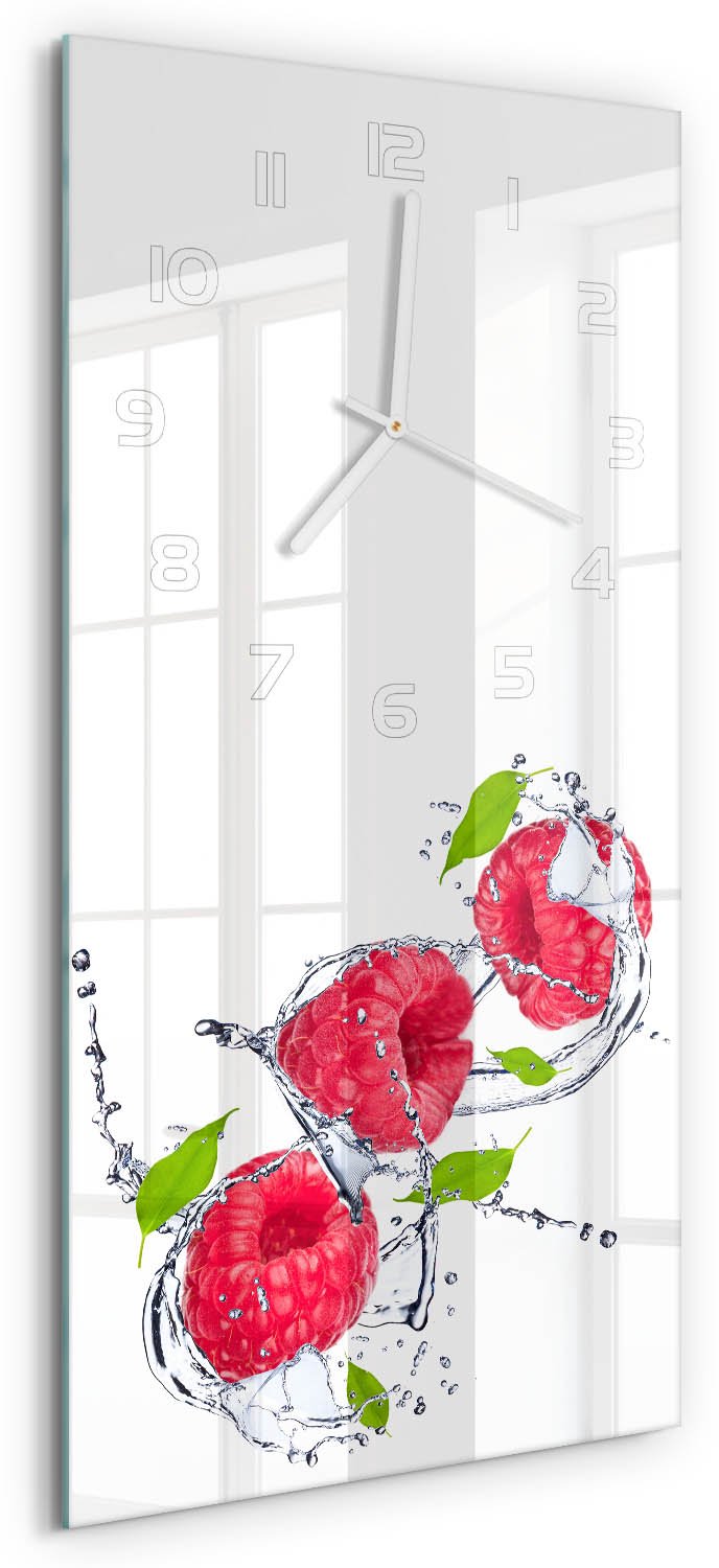 Tulup Wandklok - Framboos en water Wandklok Glas Met Motief - 30x60 cm - Roze Decoratieve Glazen Klok - Witte handen - Rechthoekige Klok - Gekleurde Glazen Klok - Glazen Klok Met Print