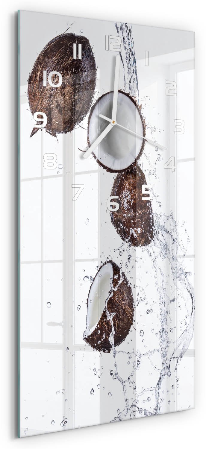 Tulup Wandklok - Kokosnoot met water Moderne Wandklok Glas - 30x60 cm - Bruin Wandklok Glas Decoratie - Witte handen - Rechthoekige Klok - Glazen Wandklok Design - Klok Glas Met Opdruk