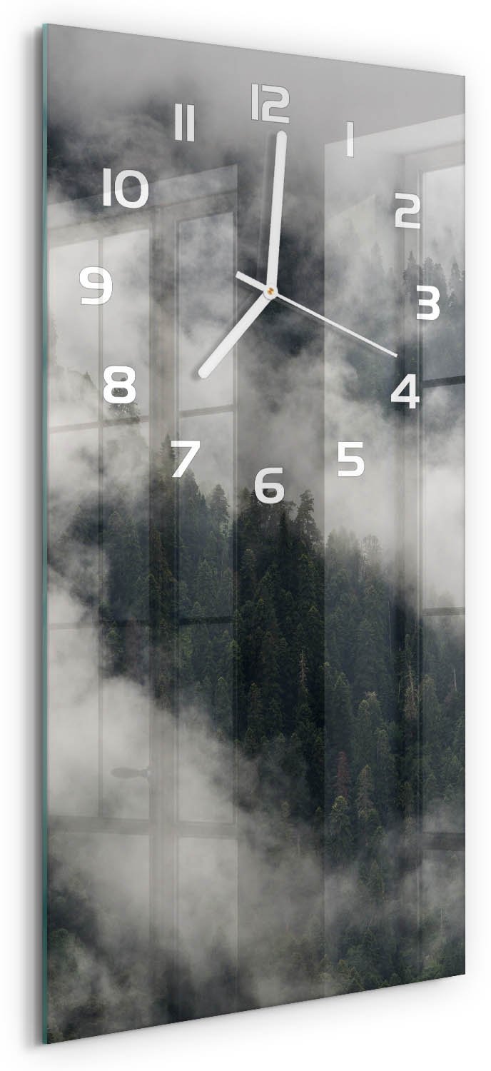 Tulup Wandklok - Mist boven het bos Decoratieve Glazen Klok - 30x60 cm - Grijs Glazen Wandklok Design - Witte handen - Rechthoekige Klok - Glazen Klok Met Print - Wandklok Glas Met Motief