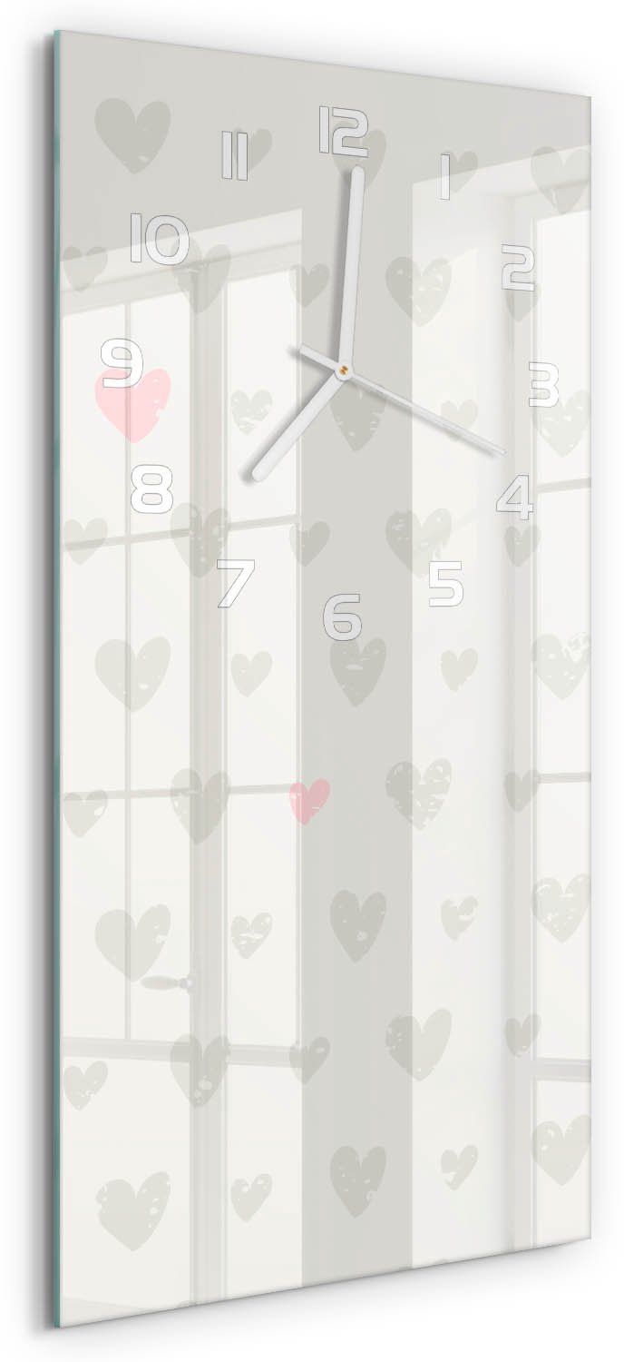 Tulup Wandklok - Hartachtergrond Wandklok Glas Decoratie - 30x60 cm - Grijs Gekleurde Glazen Klok - Witte handen - Rechthoekige Klok - Klok Glas Met Opdruk - Moderne Wandklok Glas