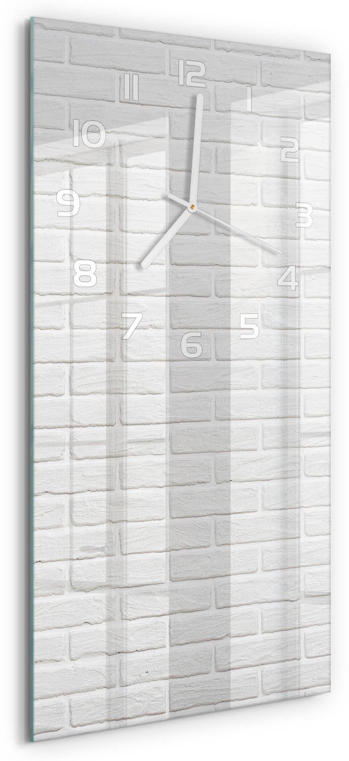Tulup Wandklok - Bakstenen muur Klok Glas Met Opdruk - 30x60 cm - Wit Moderne Wandklok Glas - Witte handen - Rechthoekige Klok - Decoratieve Glazen Klok - Glazen Wandklok Design