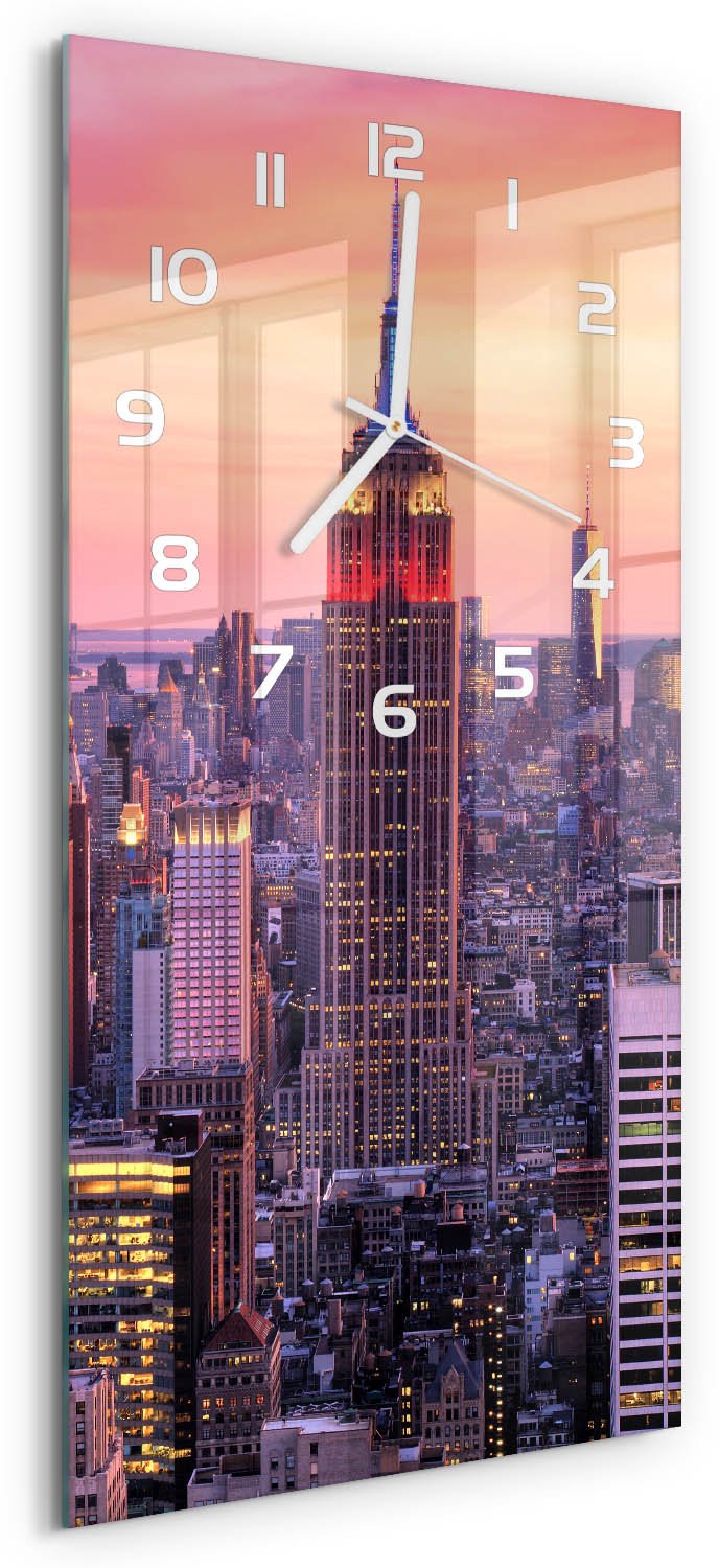 Tulup Wandklok - New York West Gekleurde Glazen Klok - 30x60 cm - Oranje Glazen Klok Met Print - Witte handen - Rechthoekige Klok - Moderne Wandklok Glas - Wandklok Glas Decoratie