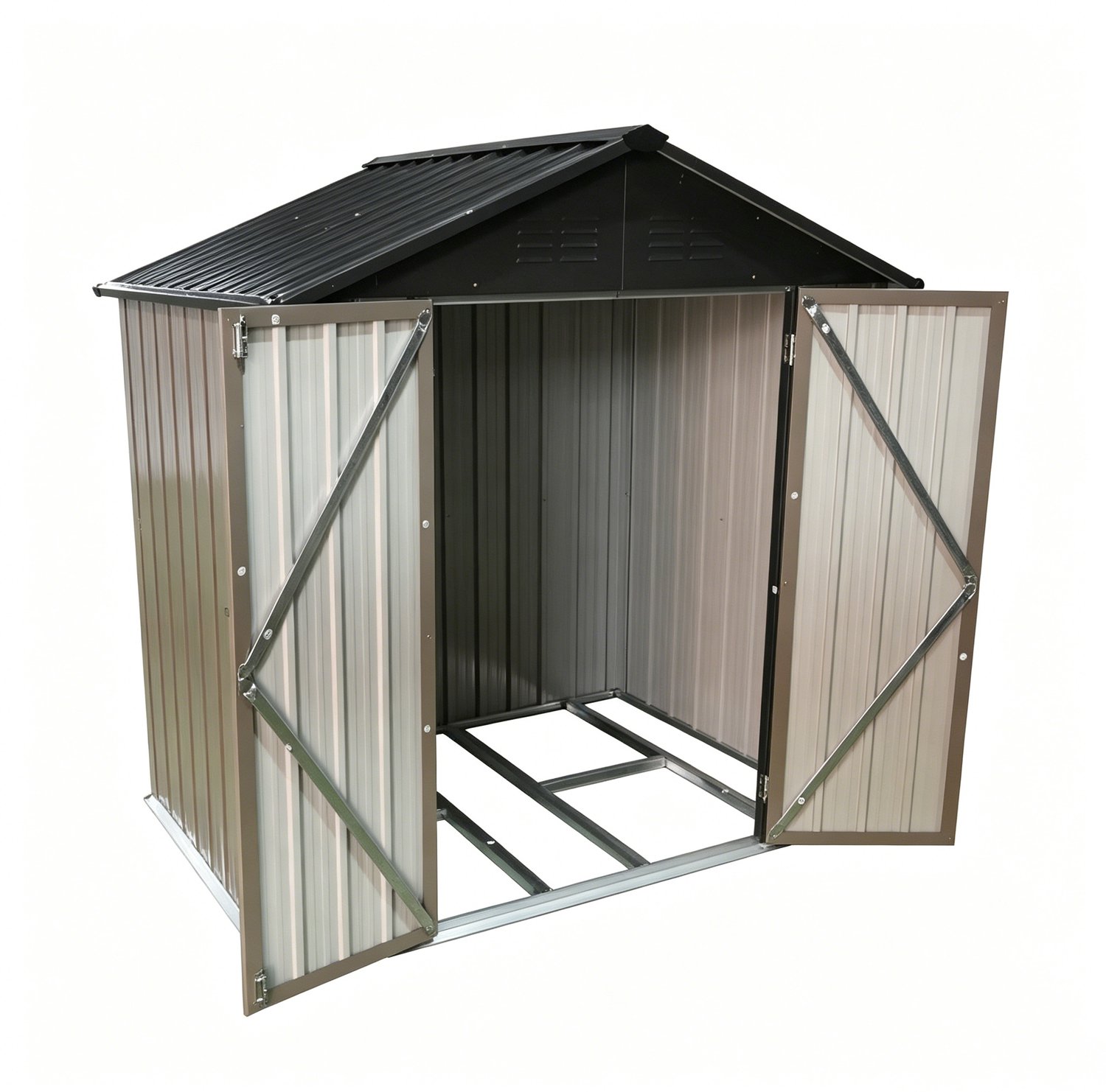 Metalen tuinhuis 6x4 voet met zadeldak - Dubbele deuren en ventilatie - Geïntegreerd vloerframe - Bruin zwart - 178,1 x 118 x 191,5 cm