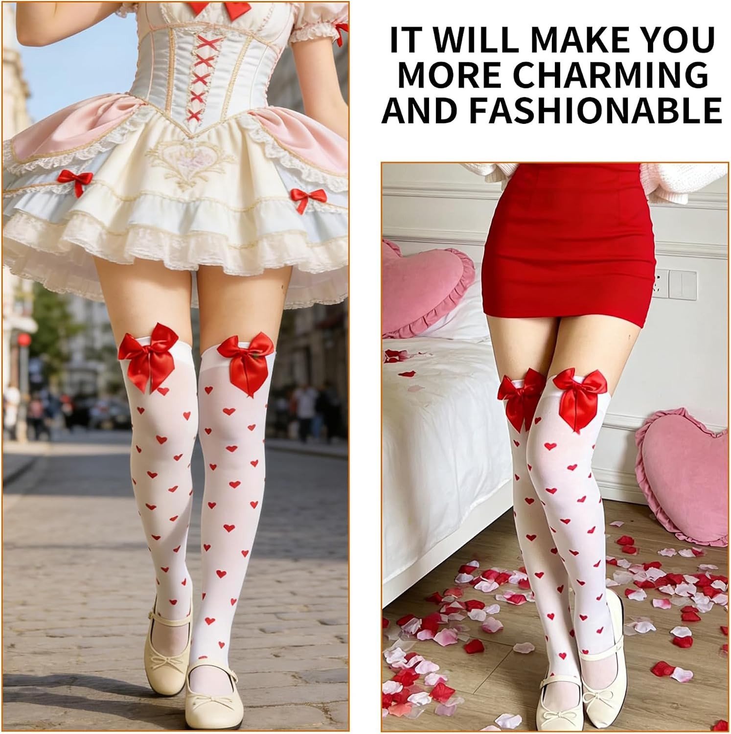 Knee High Sokken met Rode Vlekken en Strikdecoratie voor Dames - Schattige en Sexy Kousen voor Valentijnsdag, Carnaval, Cosplay of Date-avonden, Perfecte Accessoires voor Feestjes en Outfit Styling