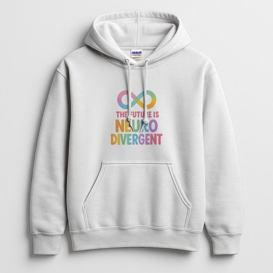 Witte hoodie met regenboog-oneindigheidssymbool en tekst 'THE FUTURE IS NEURODIVERGENT'.