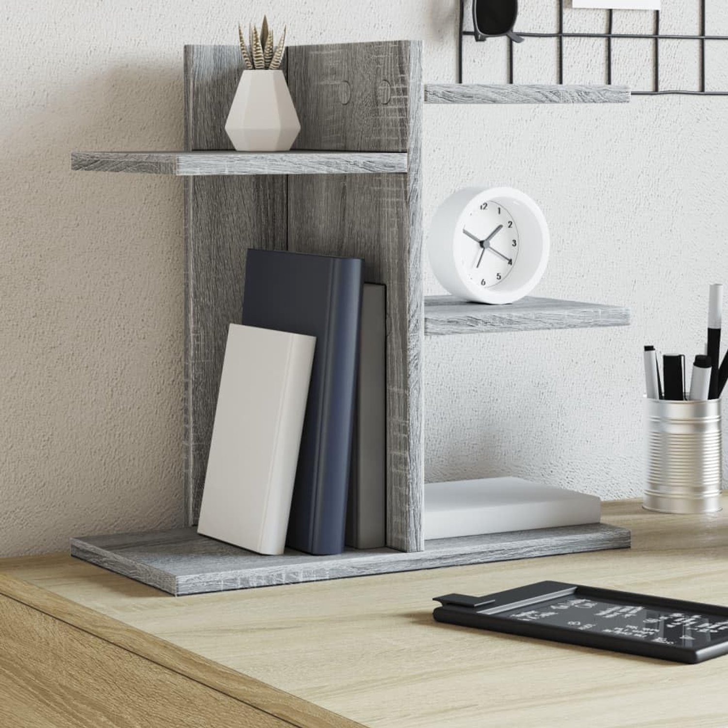Bureau-organizer, grijs Sonoma, opbergsysteem met vakken voor documenten, boeken en kantoorbenodigdheden, 42 x 21,5 x 42 cm, houtmateriaal