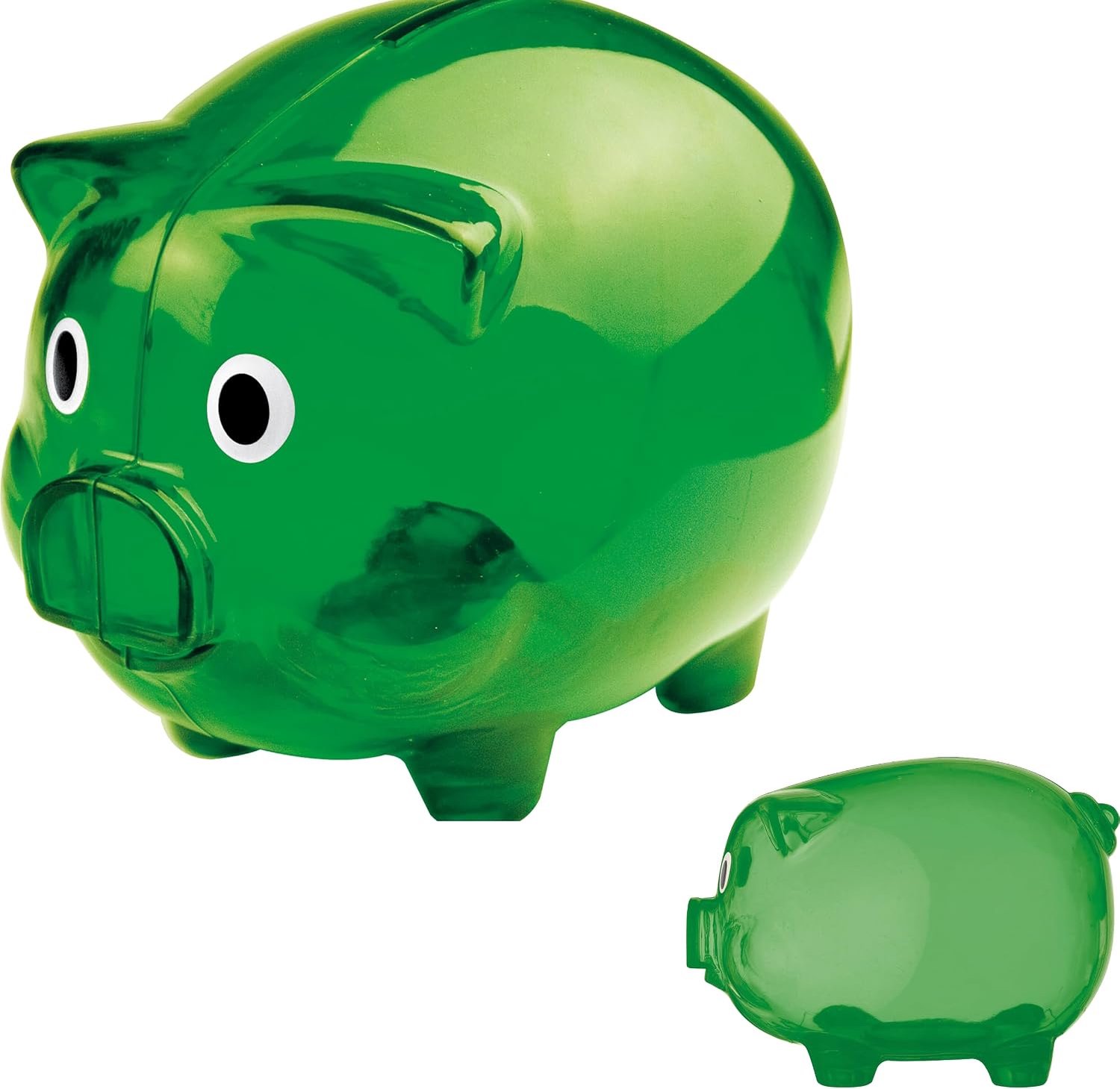 Transparant spaarvarken van plastic, cadeau-idee, sparen, spaarpot, geldbank, afzonderlijk of in dubbelset, 12,5 x 10 x 10 cm, blauw, rood, groen of transparant (2, groen)