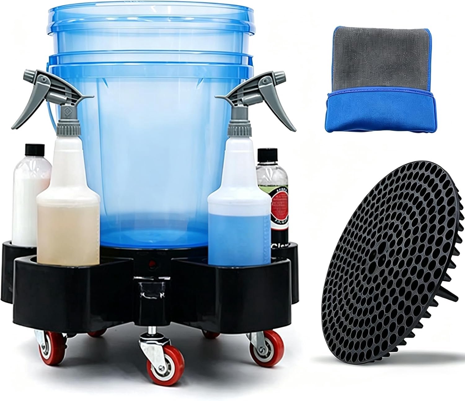 Mobiele autowasemmer met dolly - 5 wielen met remmen - sedimentfilter en washandschoen - ideaal voor auto detailing - ShopVlot